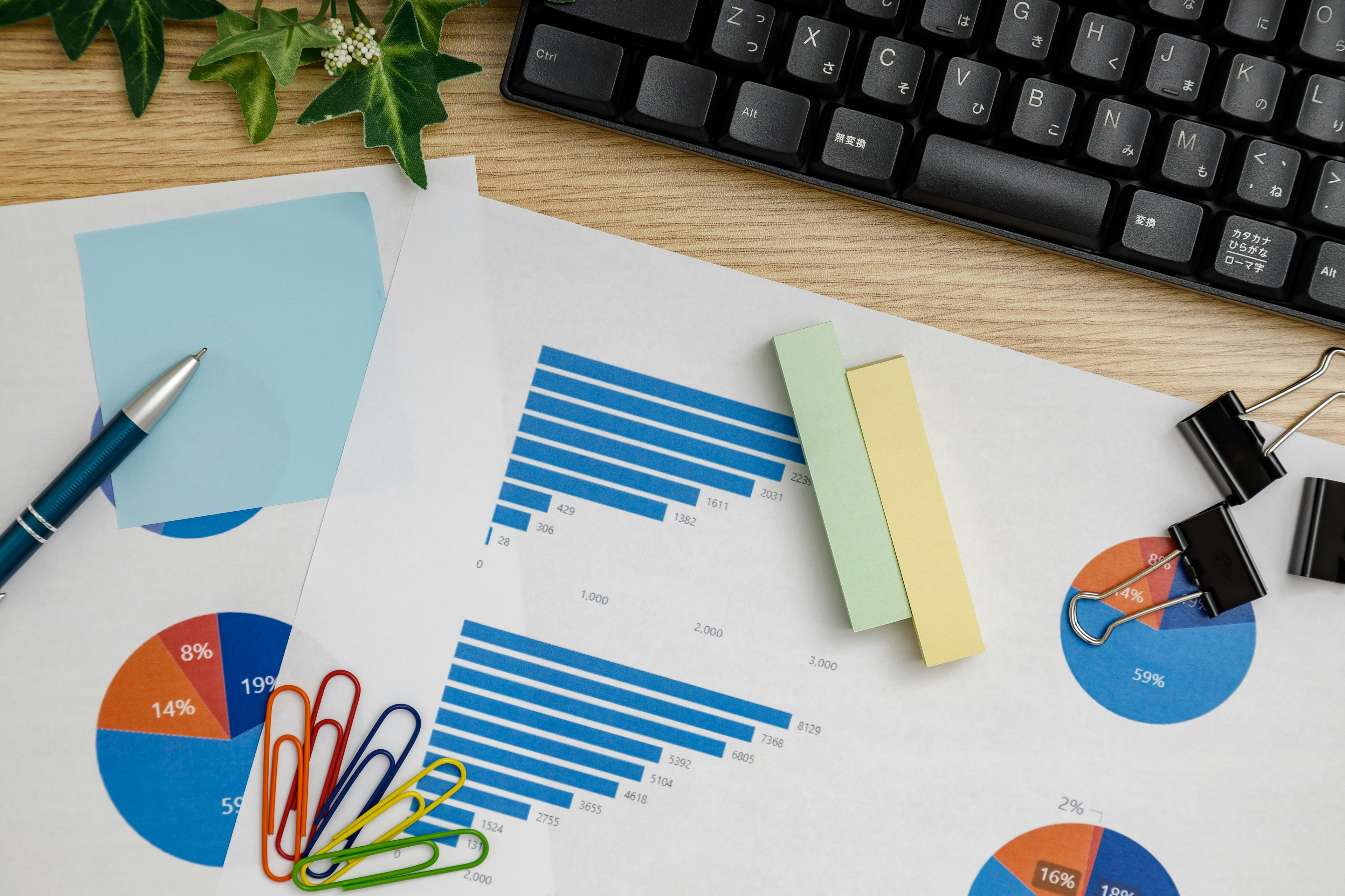 Colorful graphs and data sheets placed near a keyboard