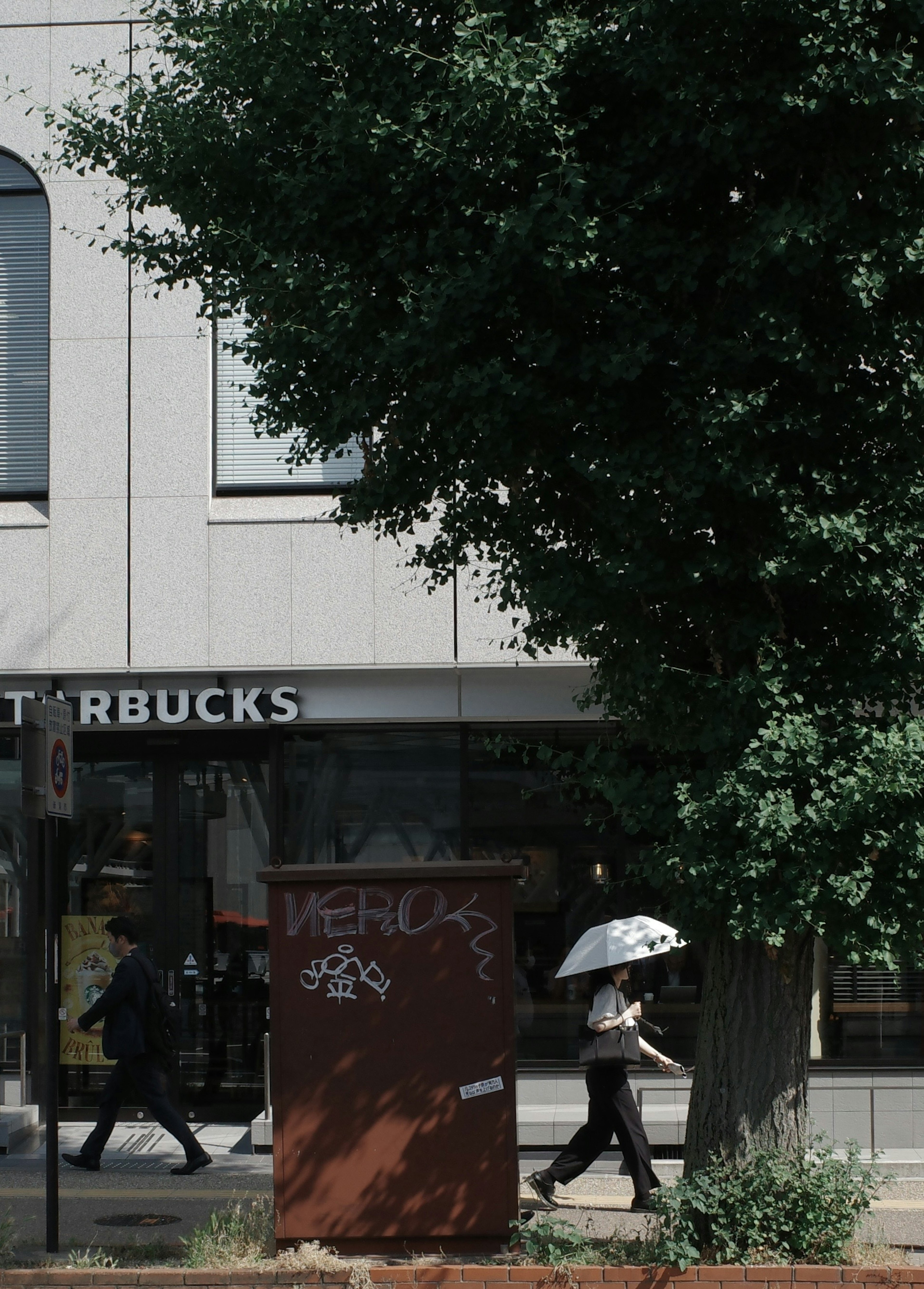 Persone che passeggiano davanti a uno Starbucks con una donna che tiene un ombrello e un albero