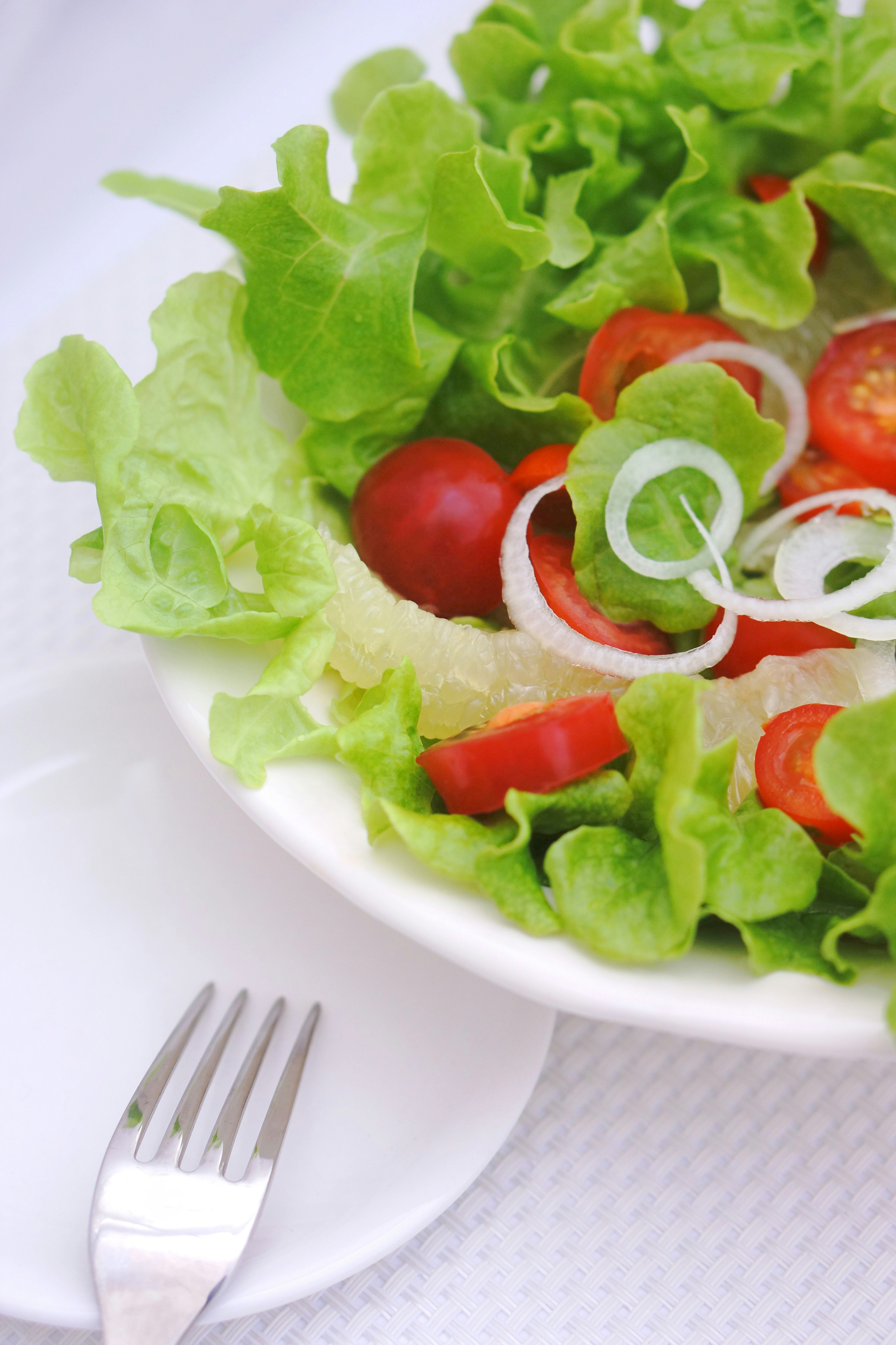 Frischer Salat aus Kopfsalat und Tomaten in einer weißen Schüssel mit Zwiebelringen garniert