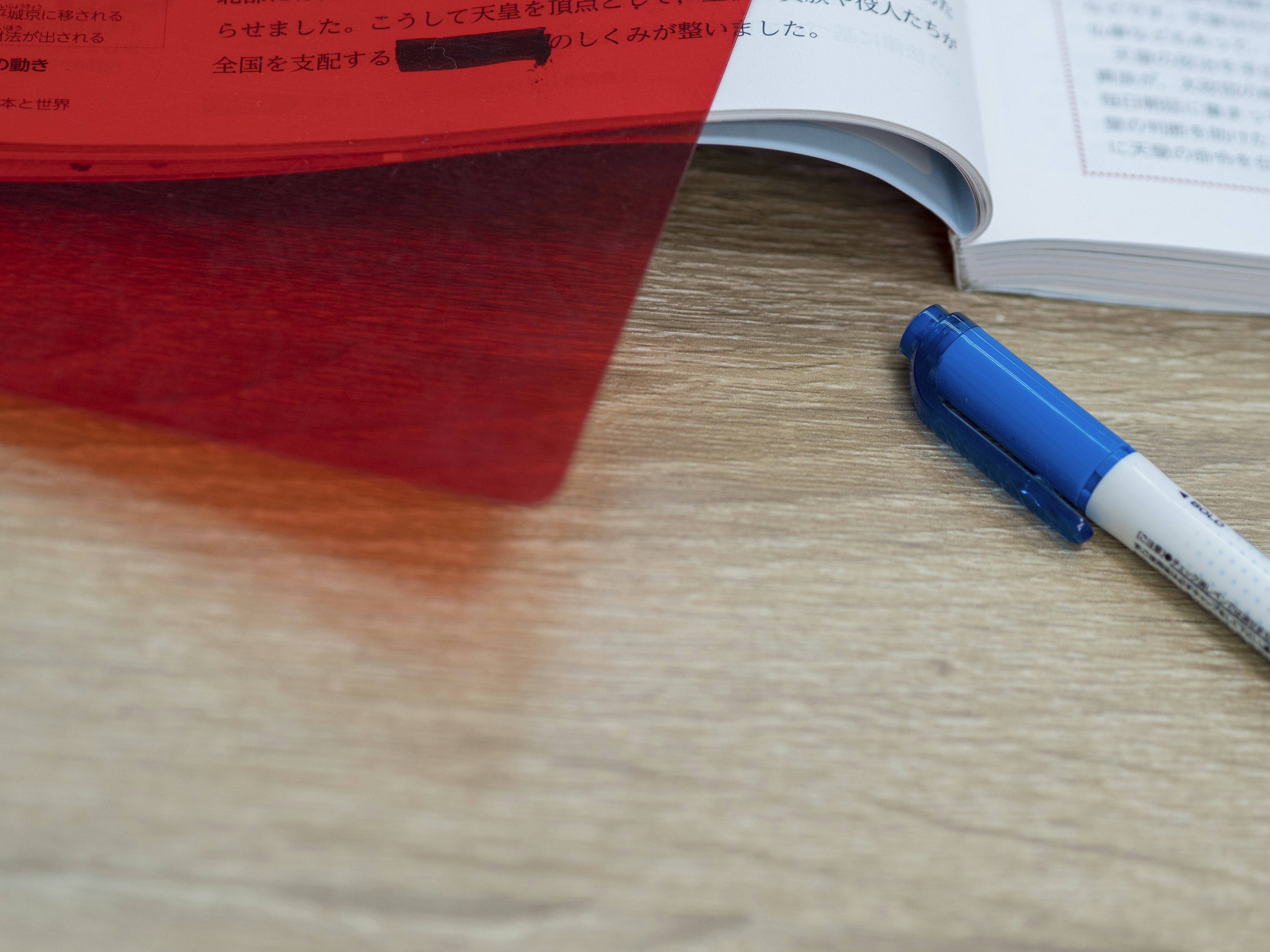 Carpeta transparente roja y bolígrafo azul sobre una mesa de madera