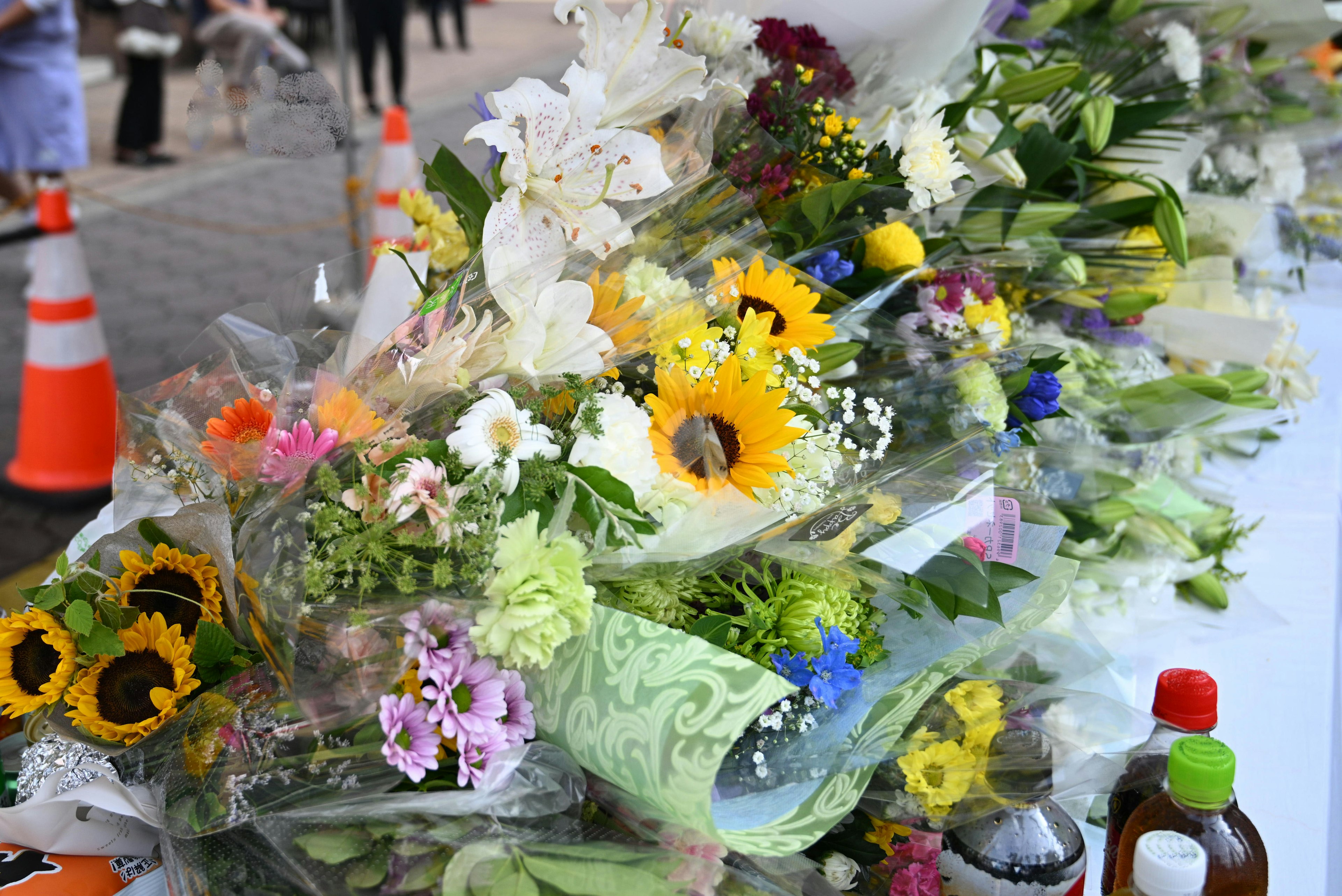 A vibrant display of colorful flower bouquets