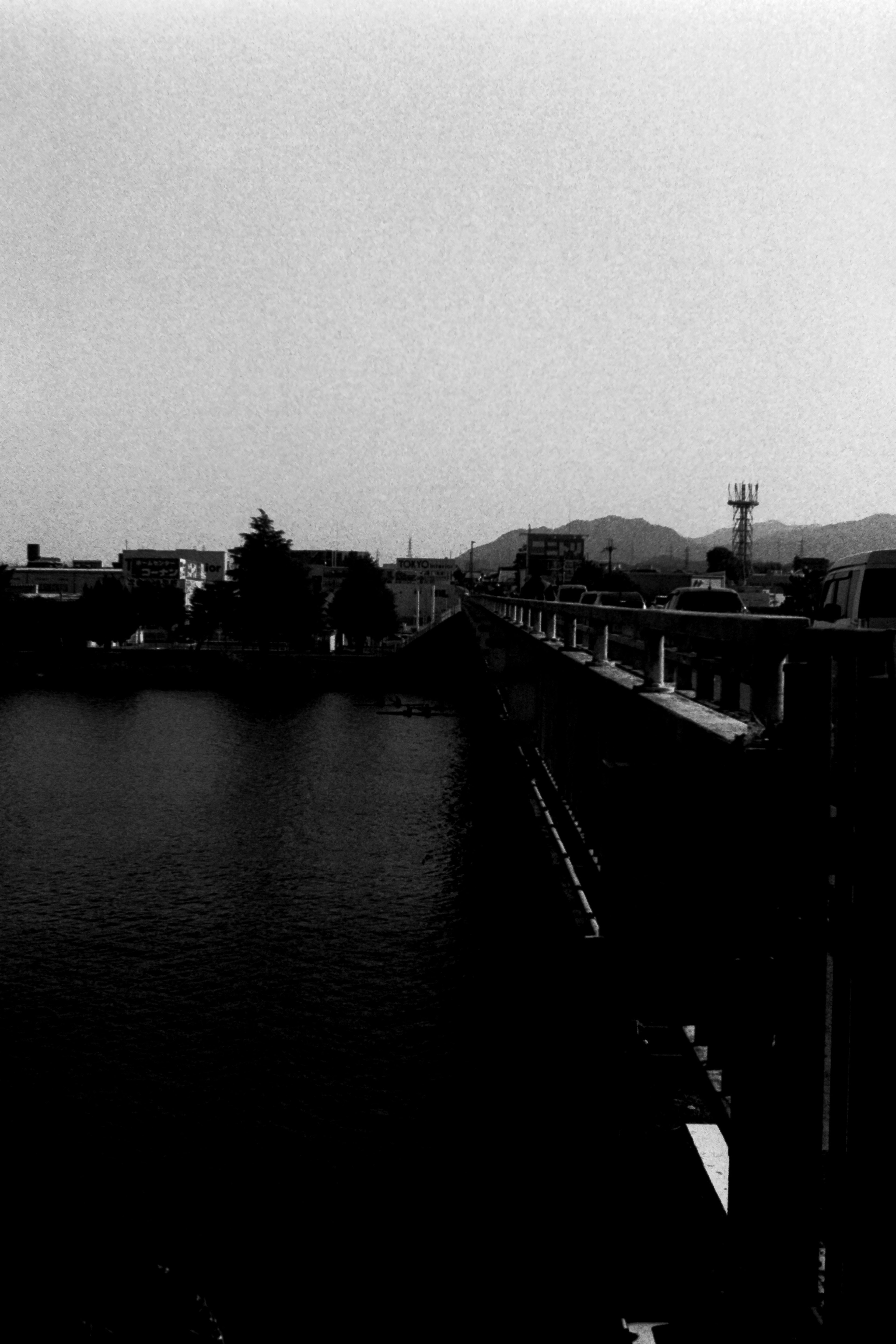 Escena de río en blanco y negro con un puente visible