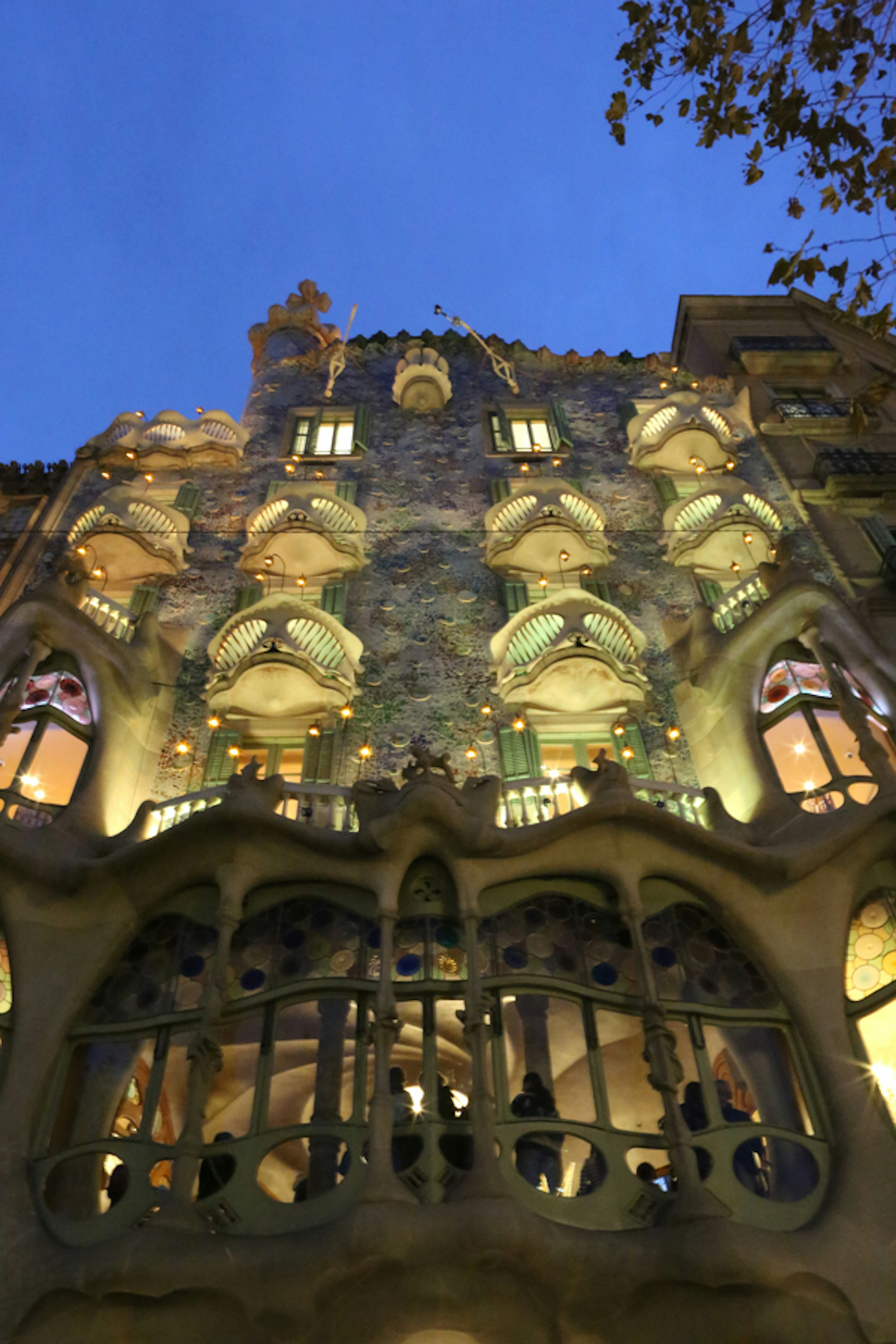 Vue nocturne de la Casa Batlló à Barcelone mettant en valeur les détails architecturaux et l'éclairage