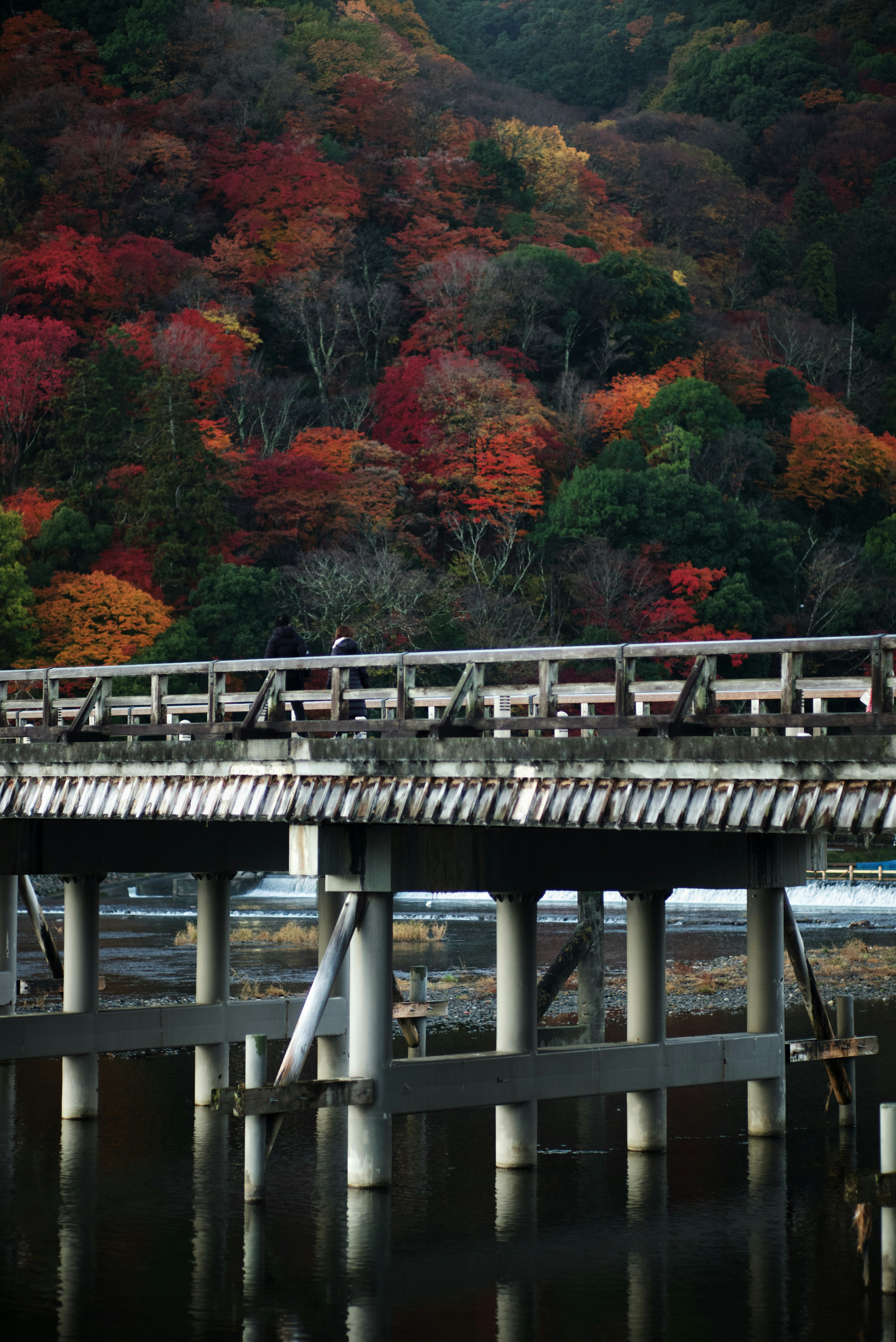 Wooden bridge surrounded by vibrant autumn foliage and calm water