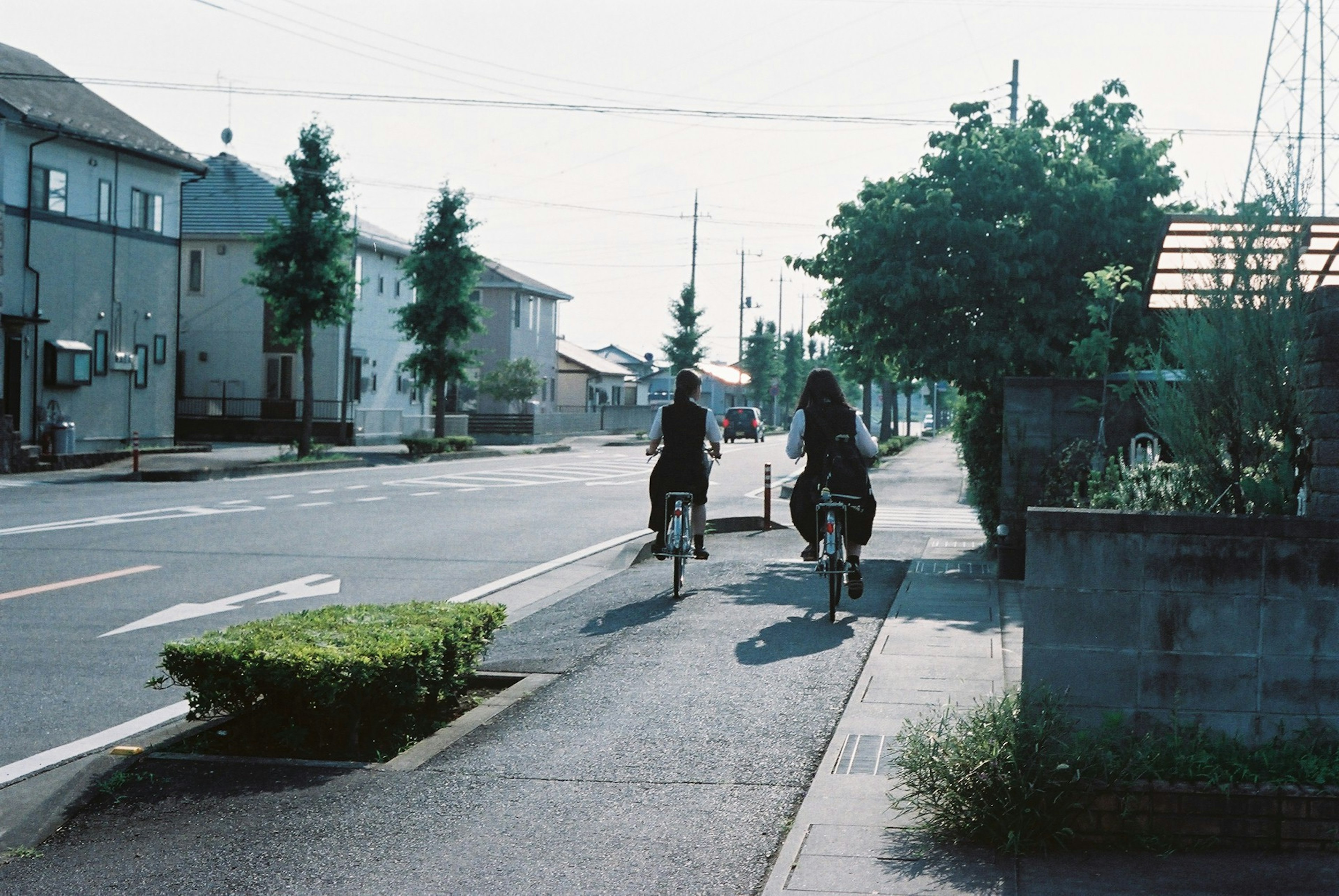 Two women riding bicycles on a quiet street with surrounding houses