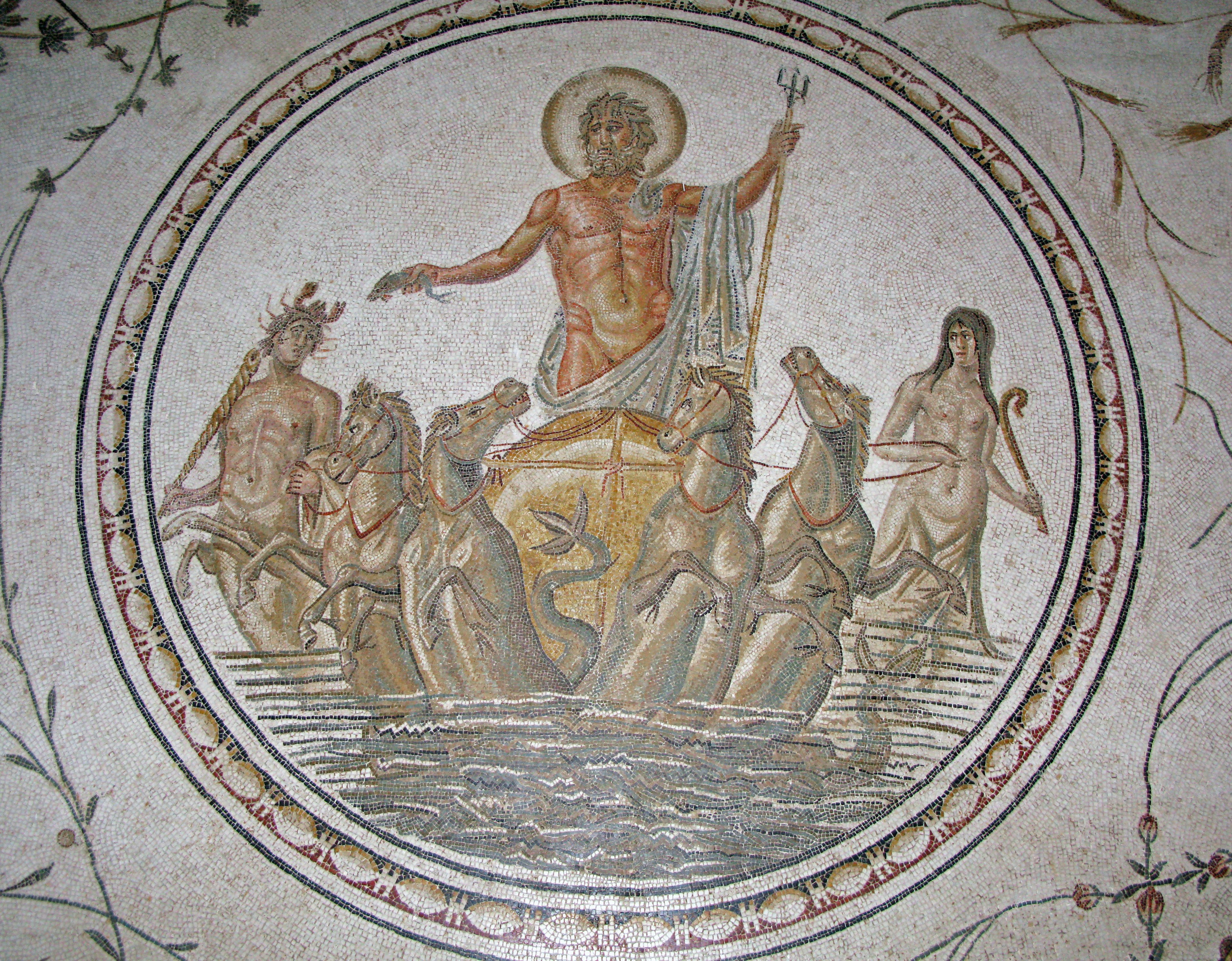 Ancient mosaic depicting gods and the sea god Poseidon