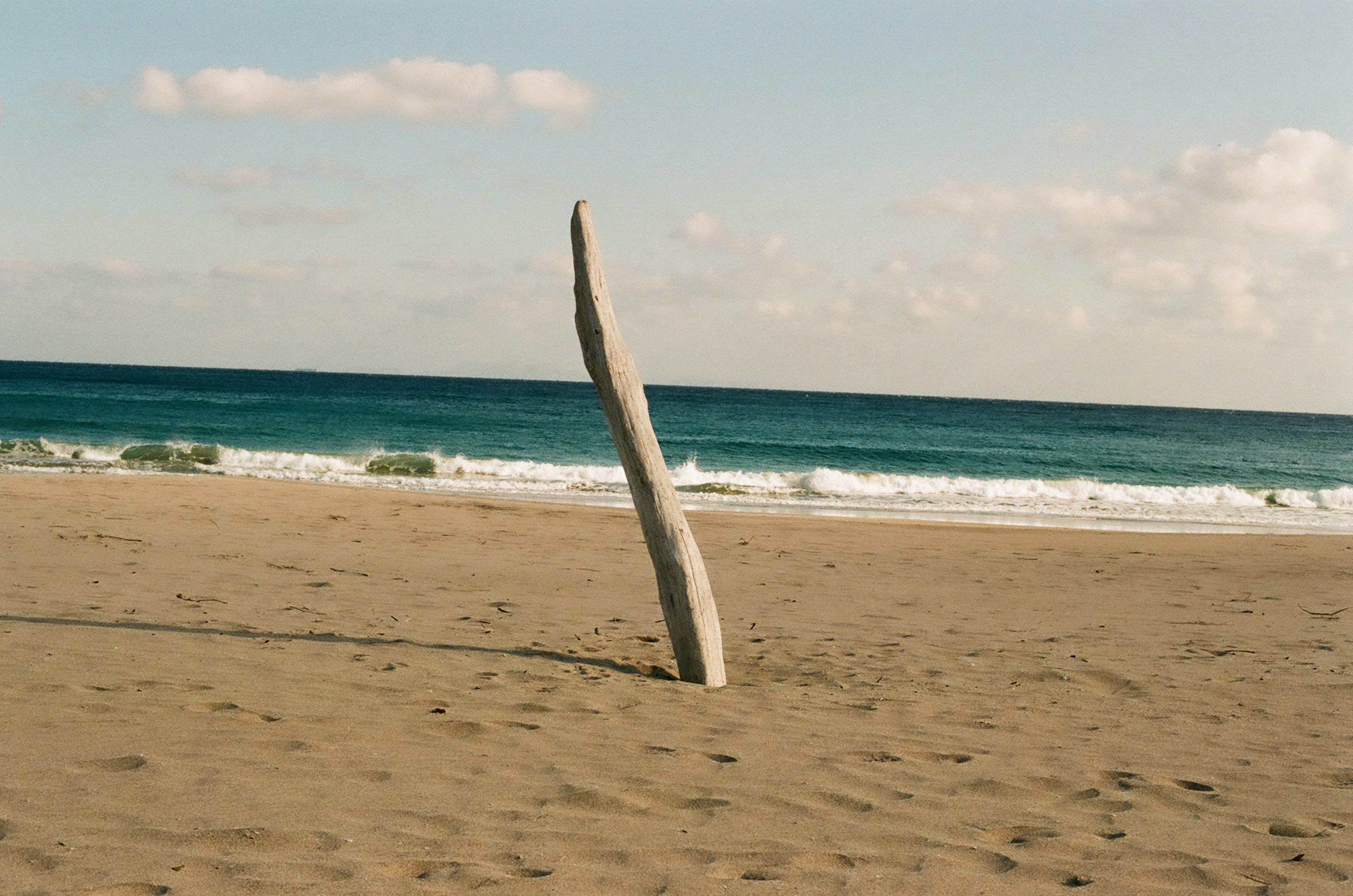 Un tronco delgado de madera en pie en una playa de arena con mar y cielo azules