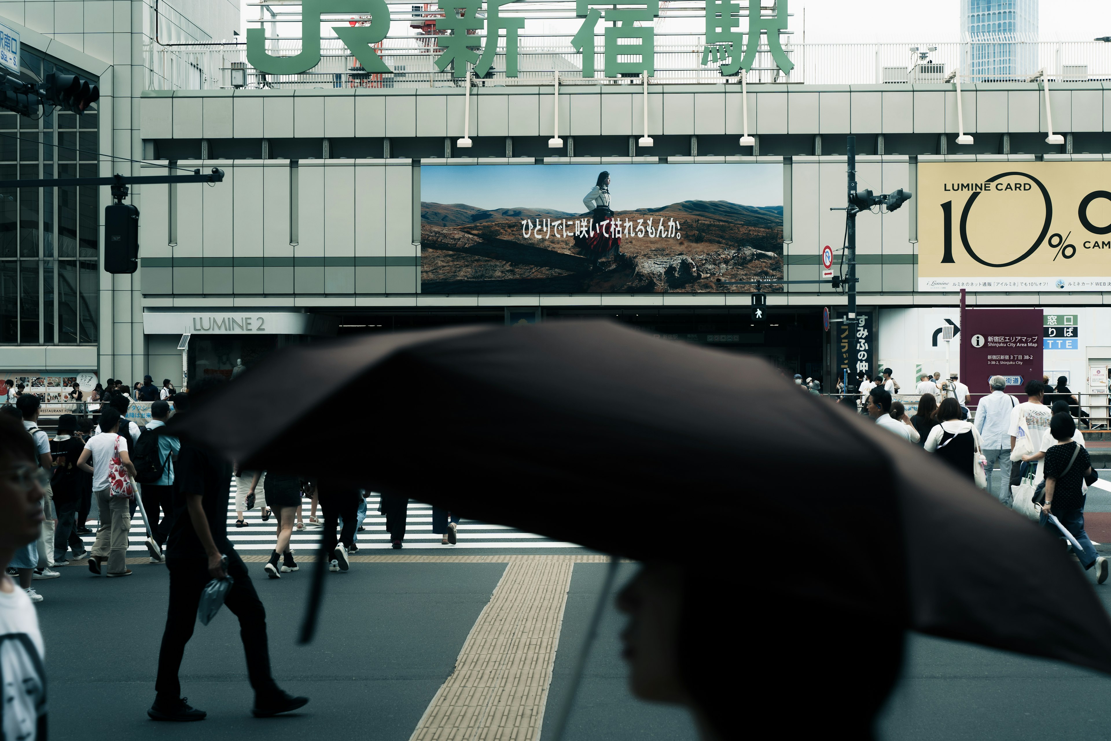 新宿駅前の人混みと黒い傘が特徴的な風景