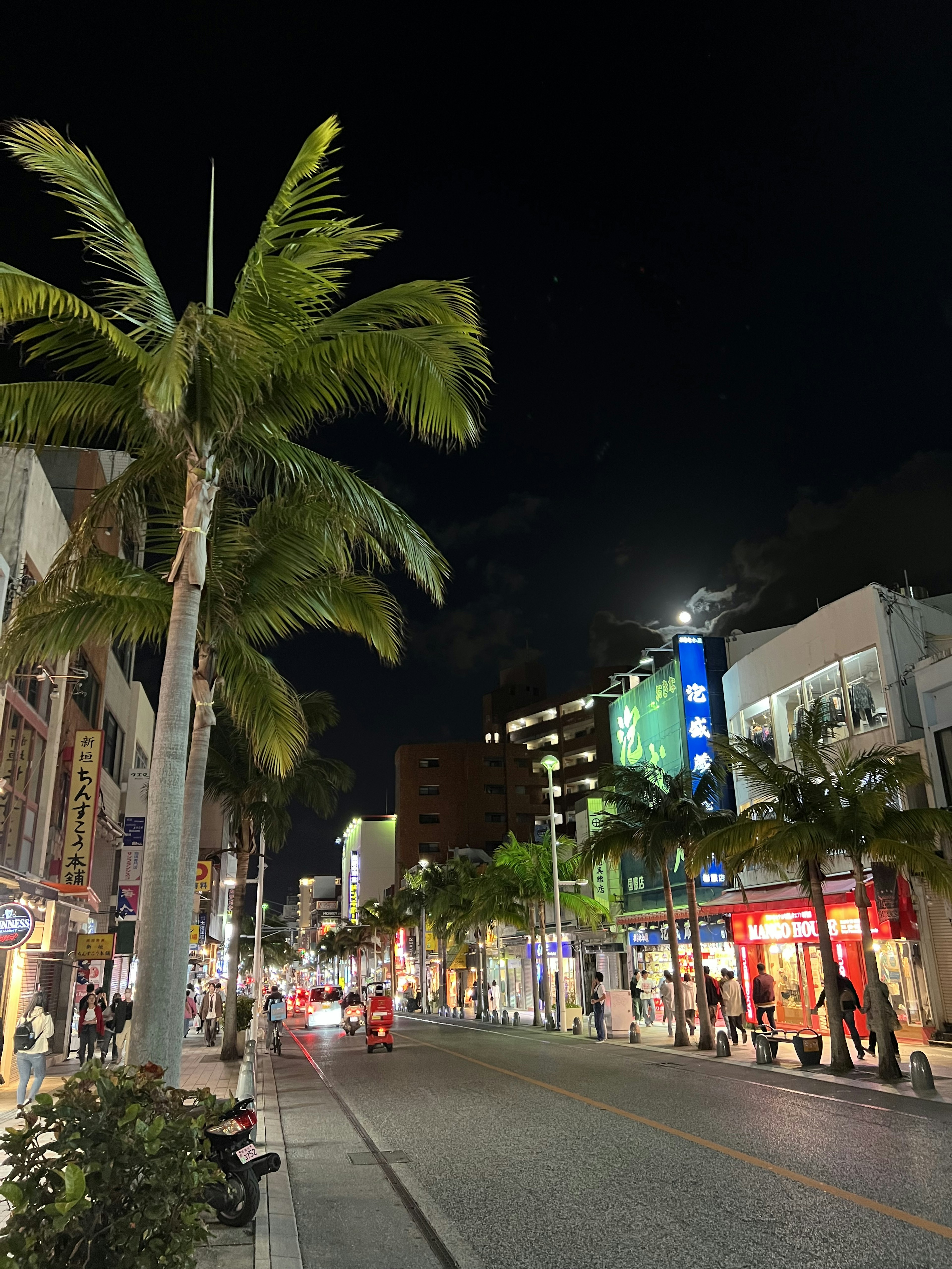 Escena nocturna de la calle con palmeras en Okinawa