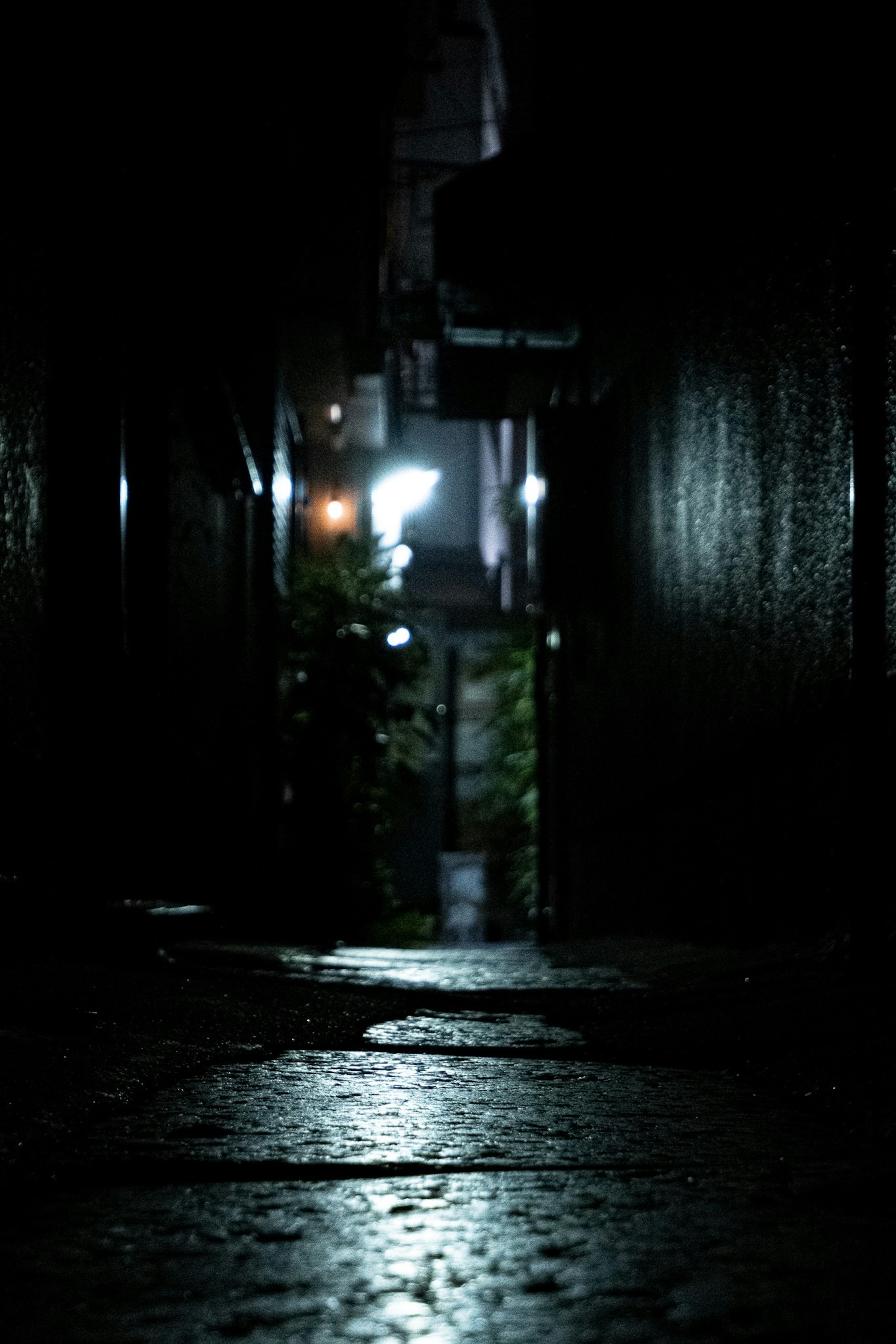 Dark alley with a streetlight and wet cobblestones