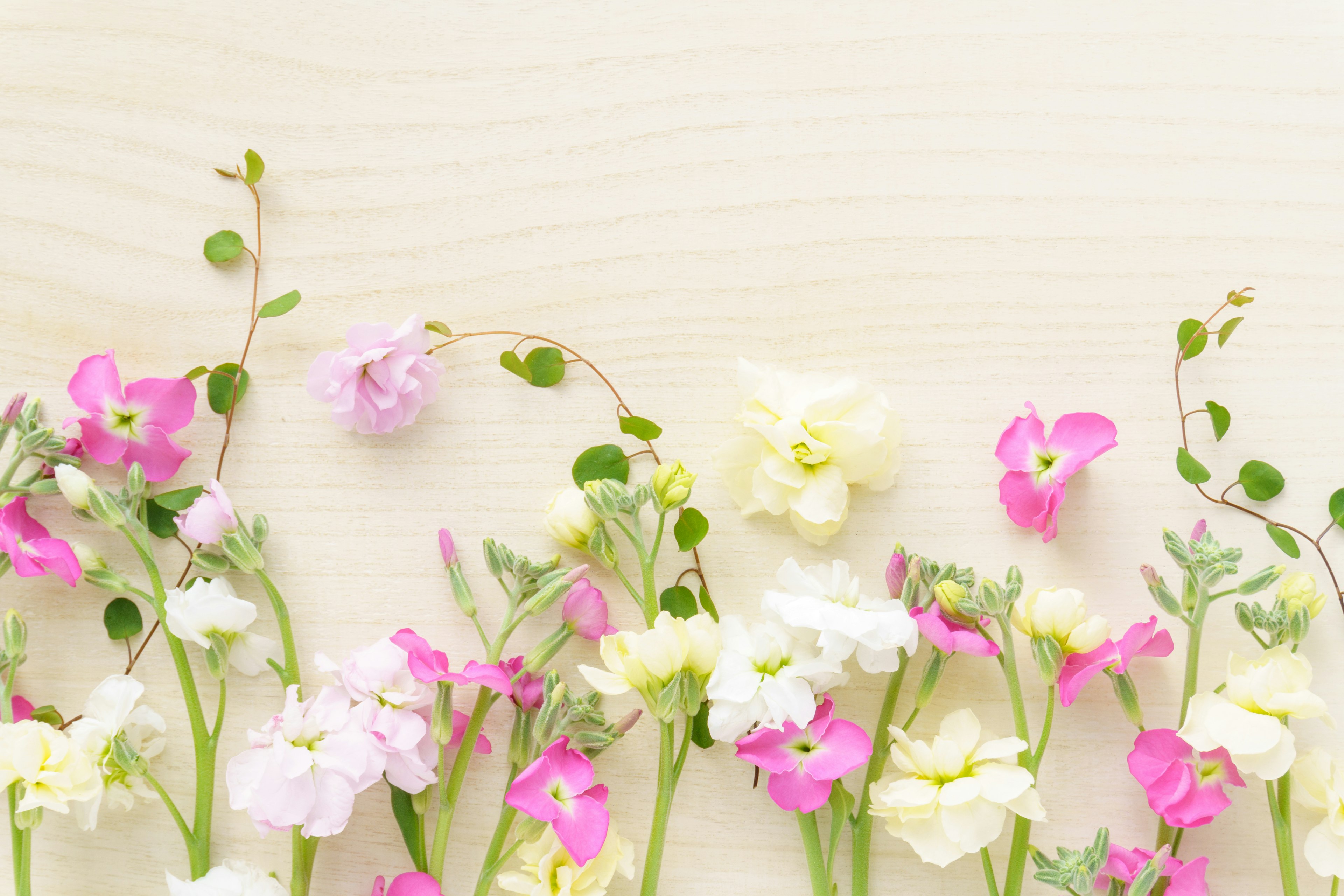 Bunte Blumen auf einem Holztisch angeordnet