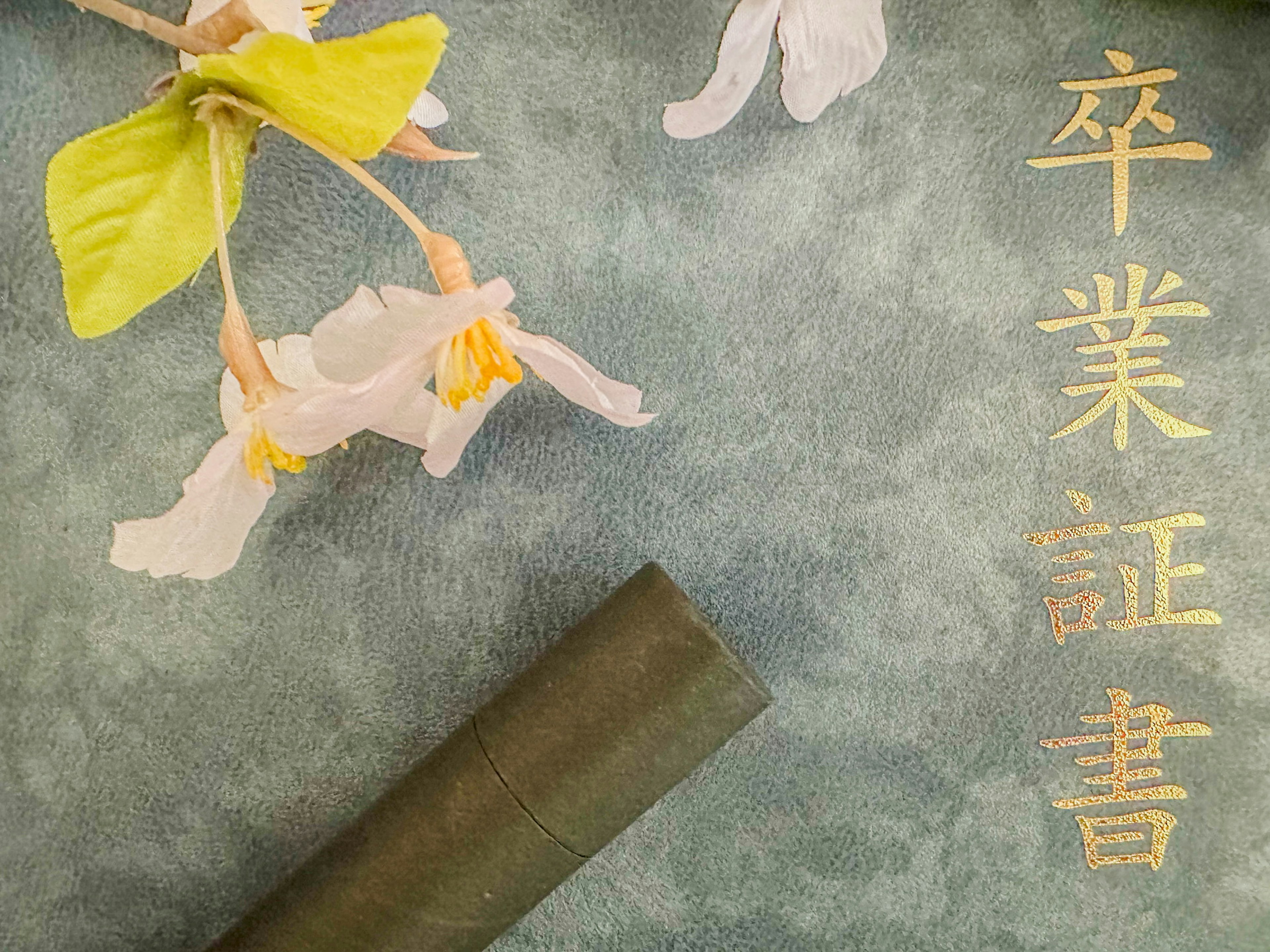 Image of a green background with flowers and a graduation certificate