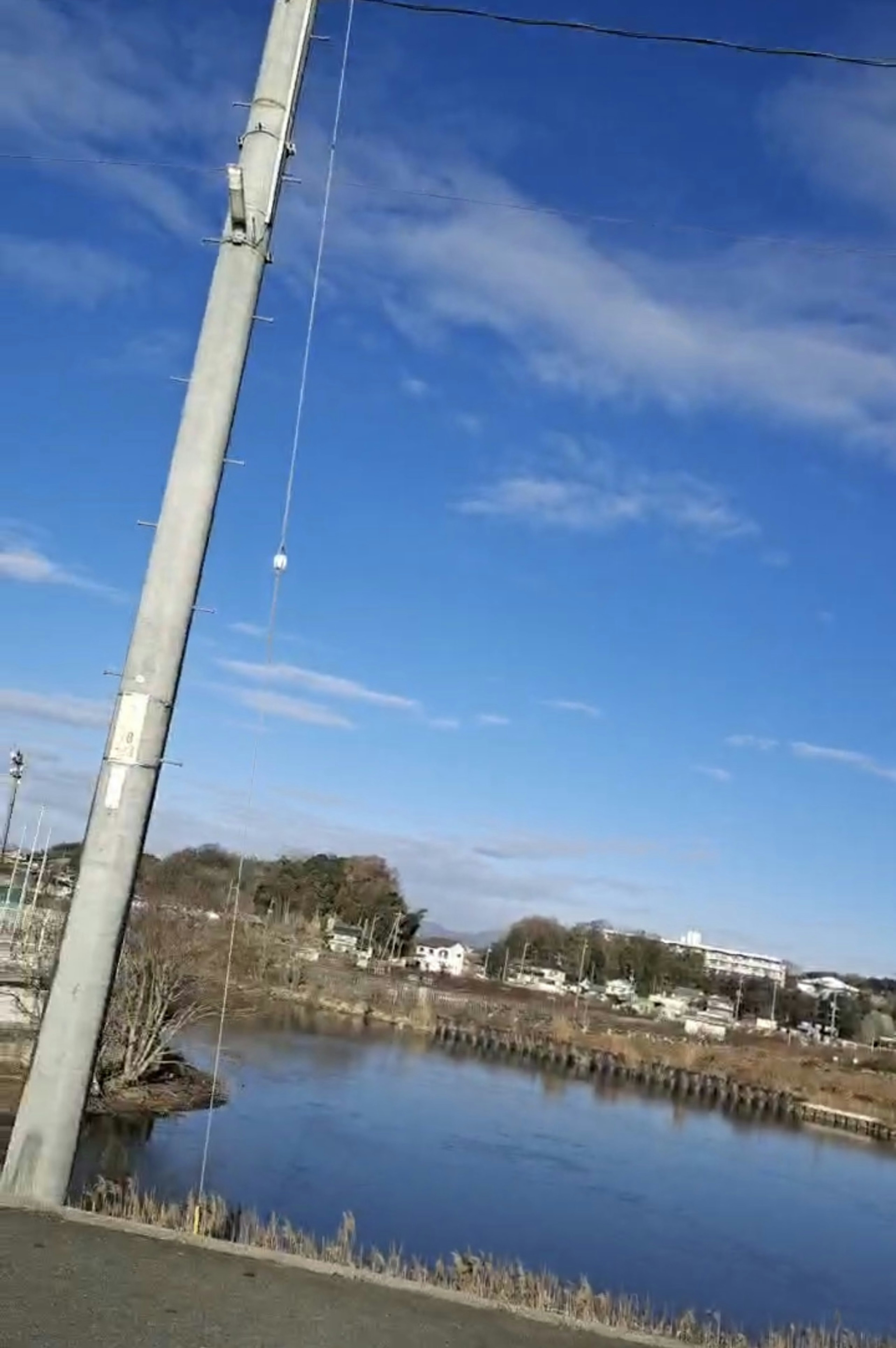 青空の下の川と電柱の風景