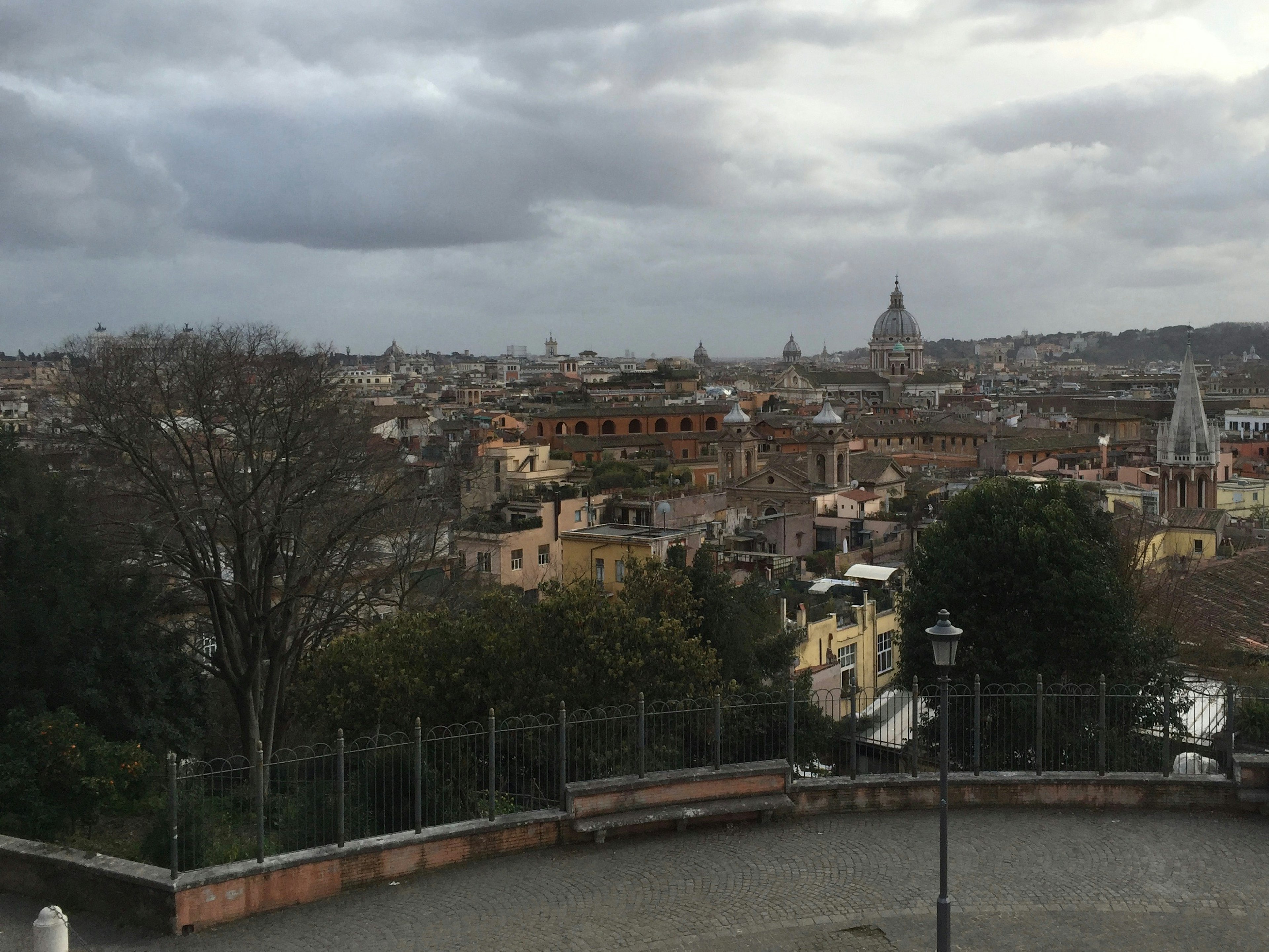 View of Rome's skyline with cloudy sky and historic buildings