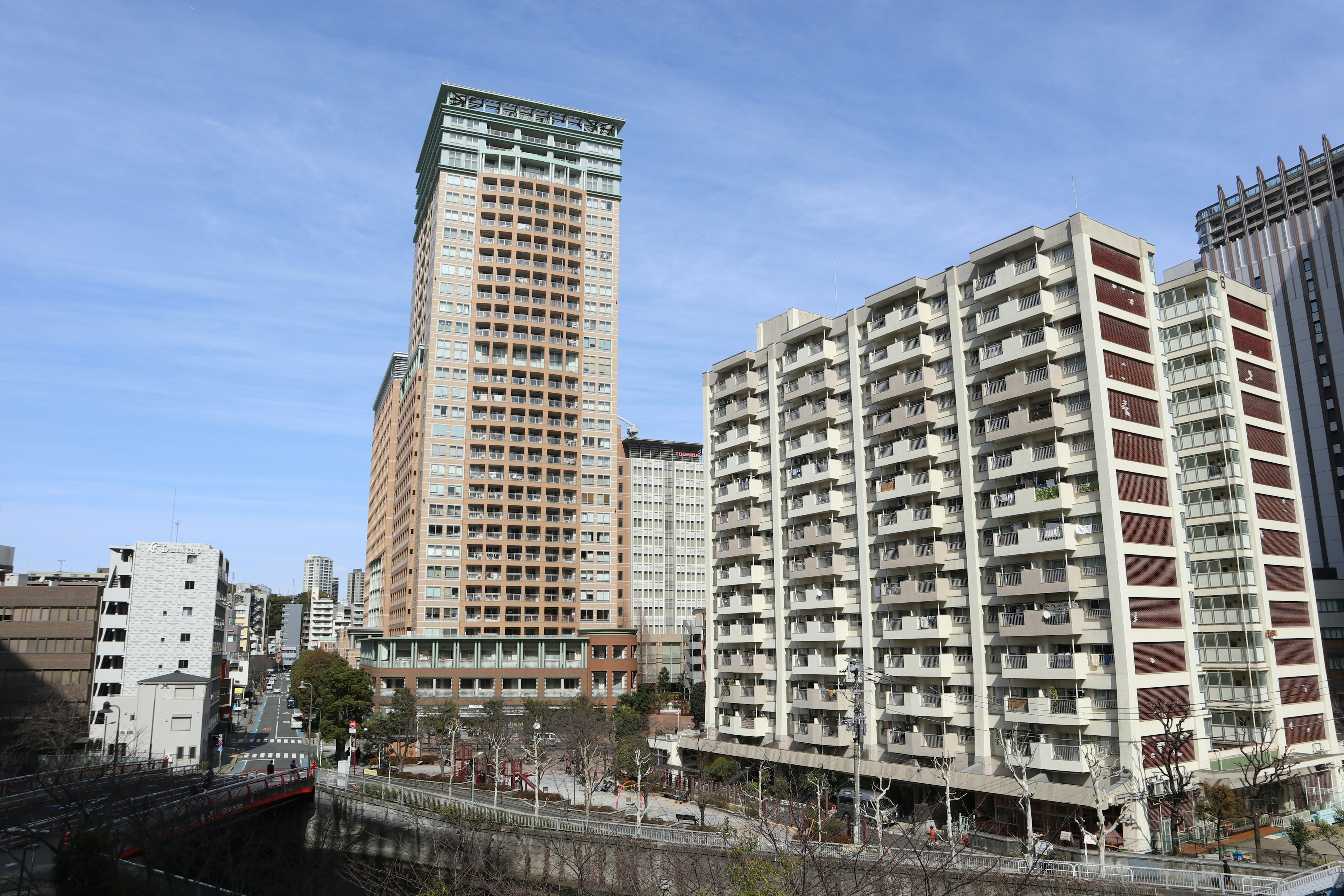 Urban landscape featuring high-rise buildings and residential apartments