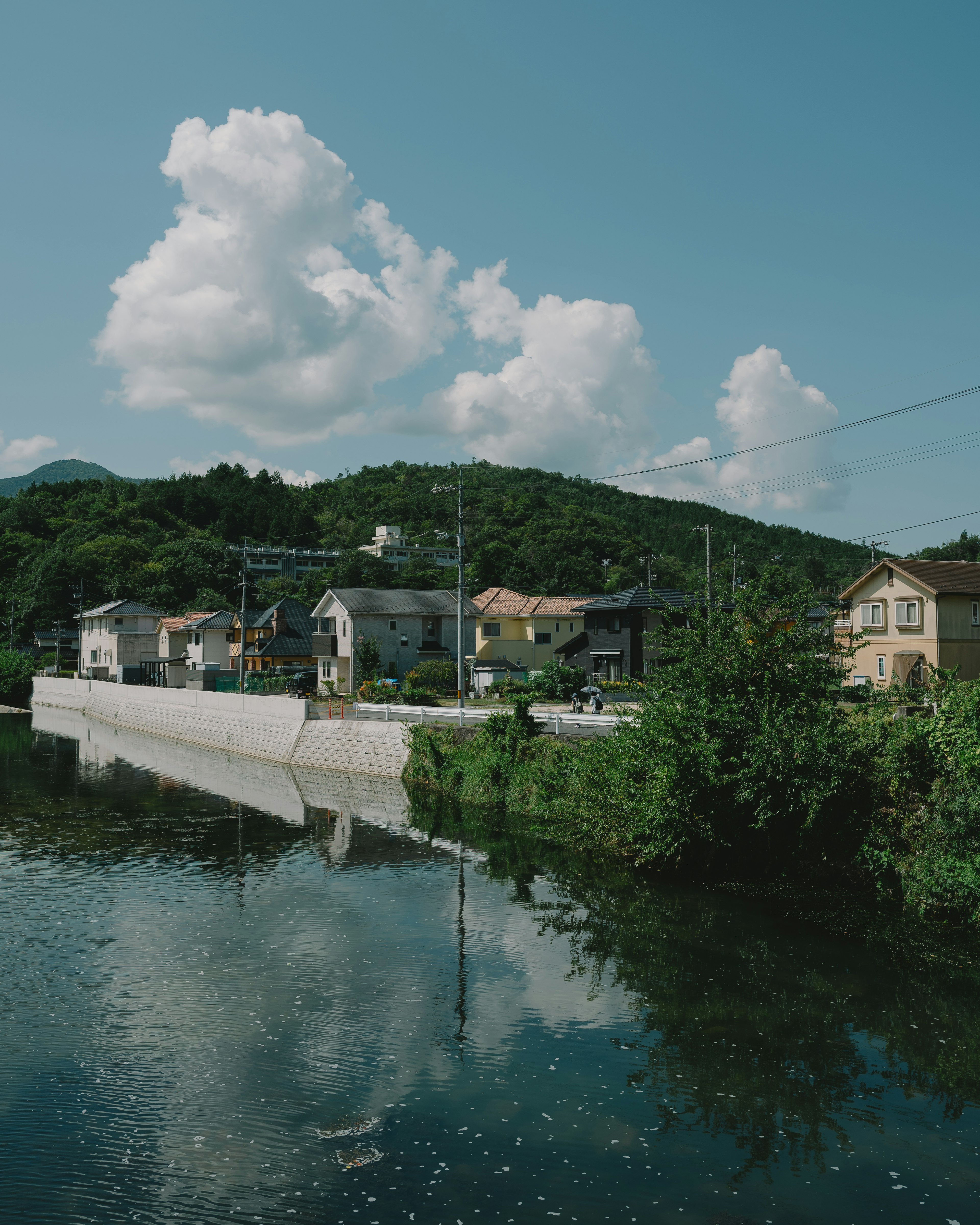 Vista serena lungo il fiume con case e nuvole nel cielo blu