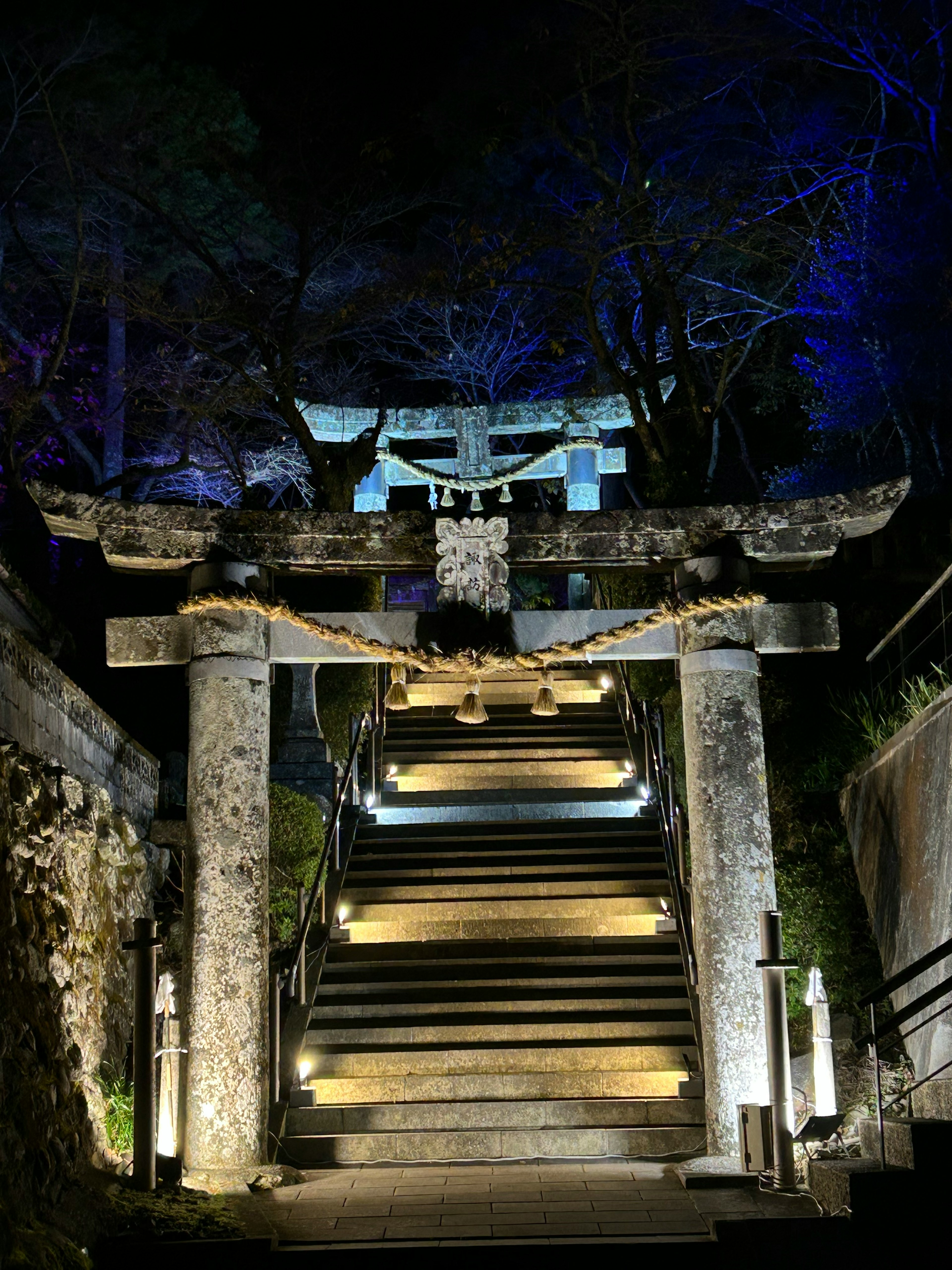 夜の神社の鳥居と階段が青い照明に照らされている