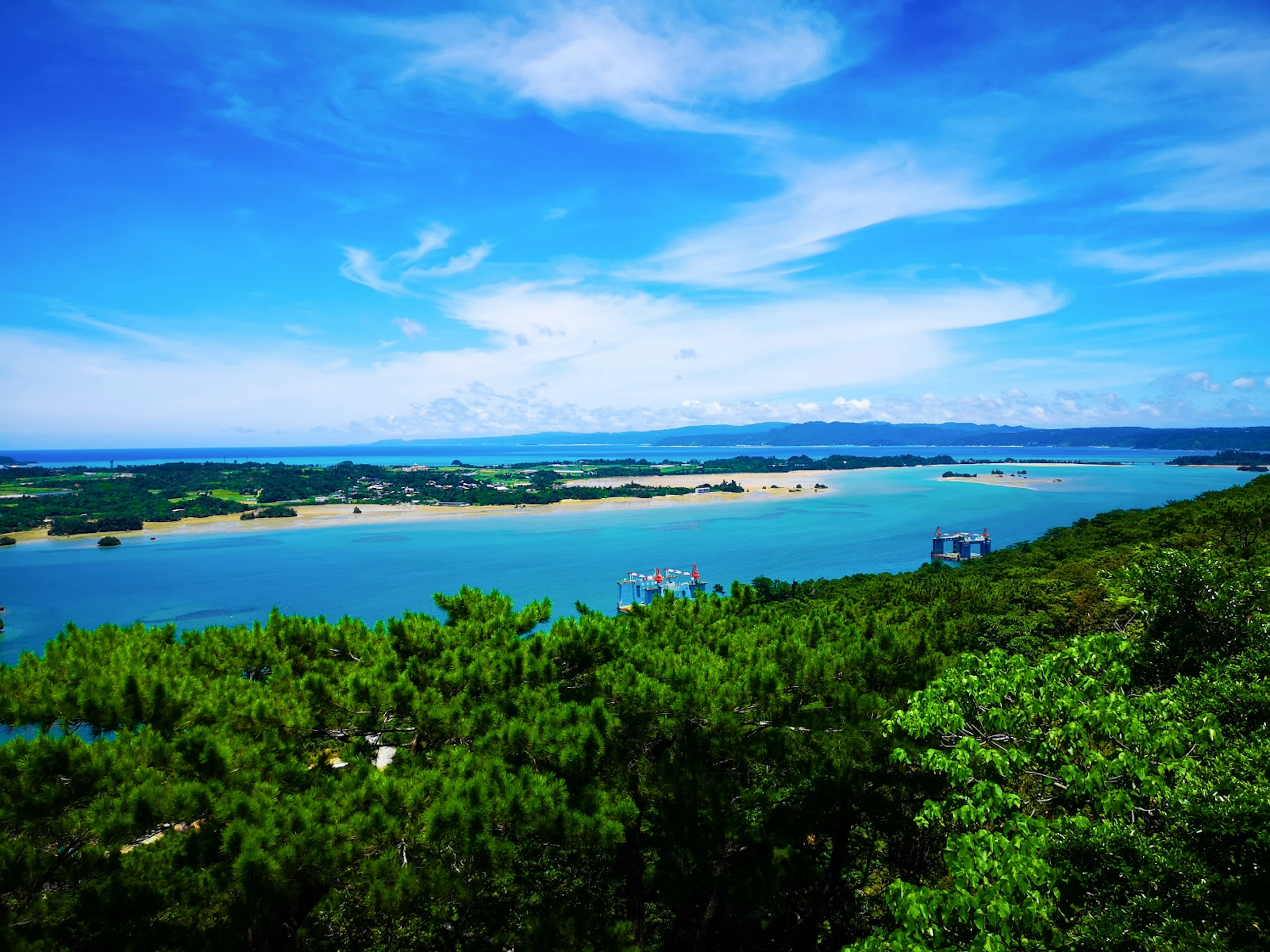 美麗的海景，藍天與茂盛的綠色樹木