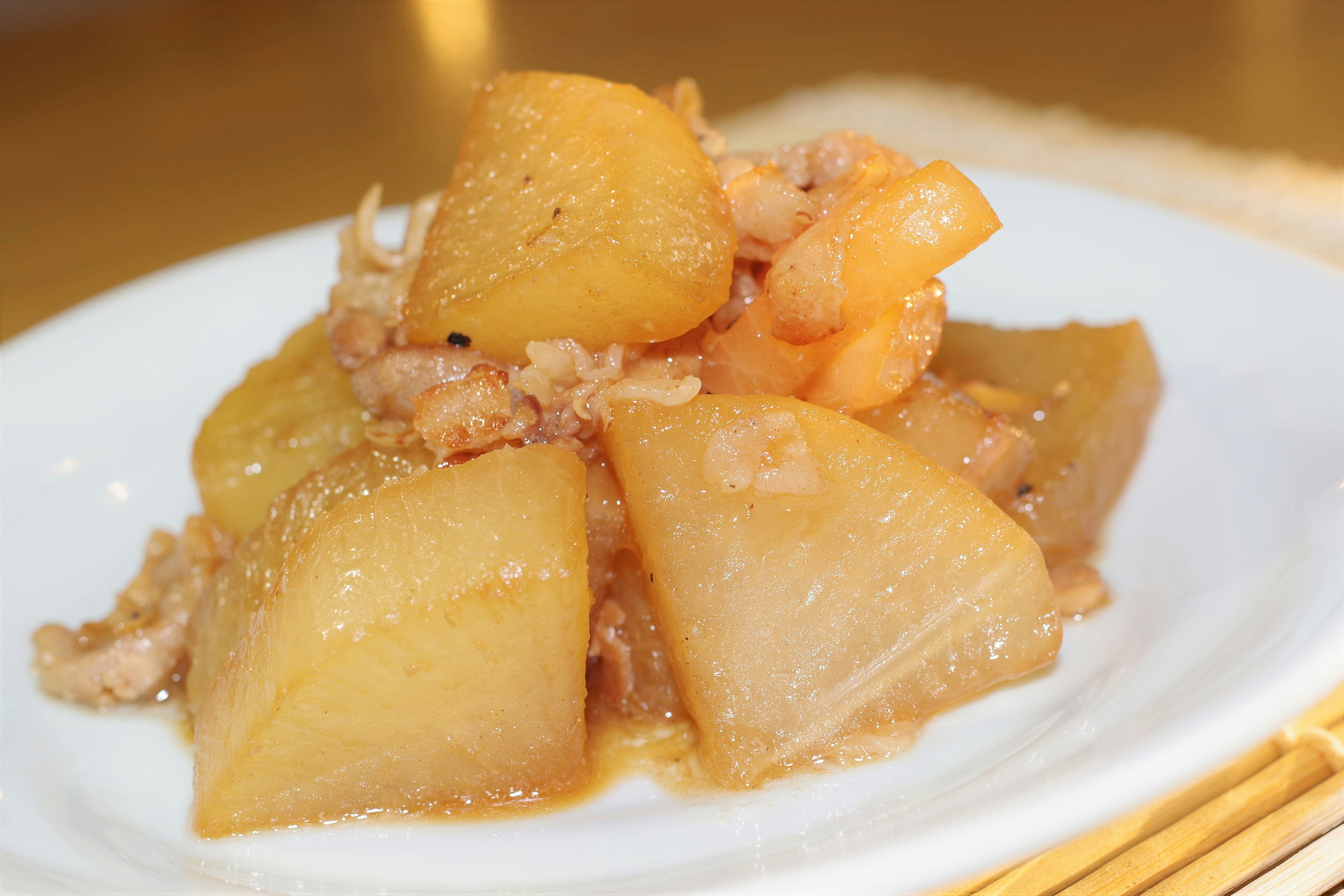 Dish of cooked daikon and shrimp