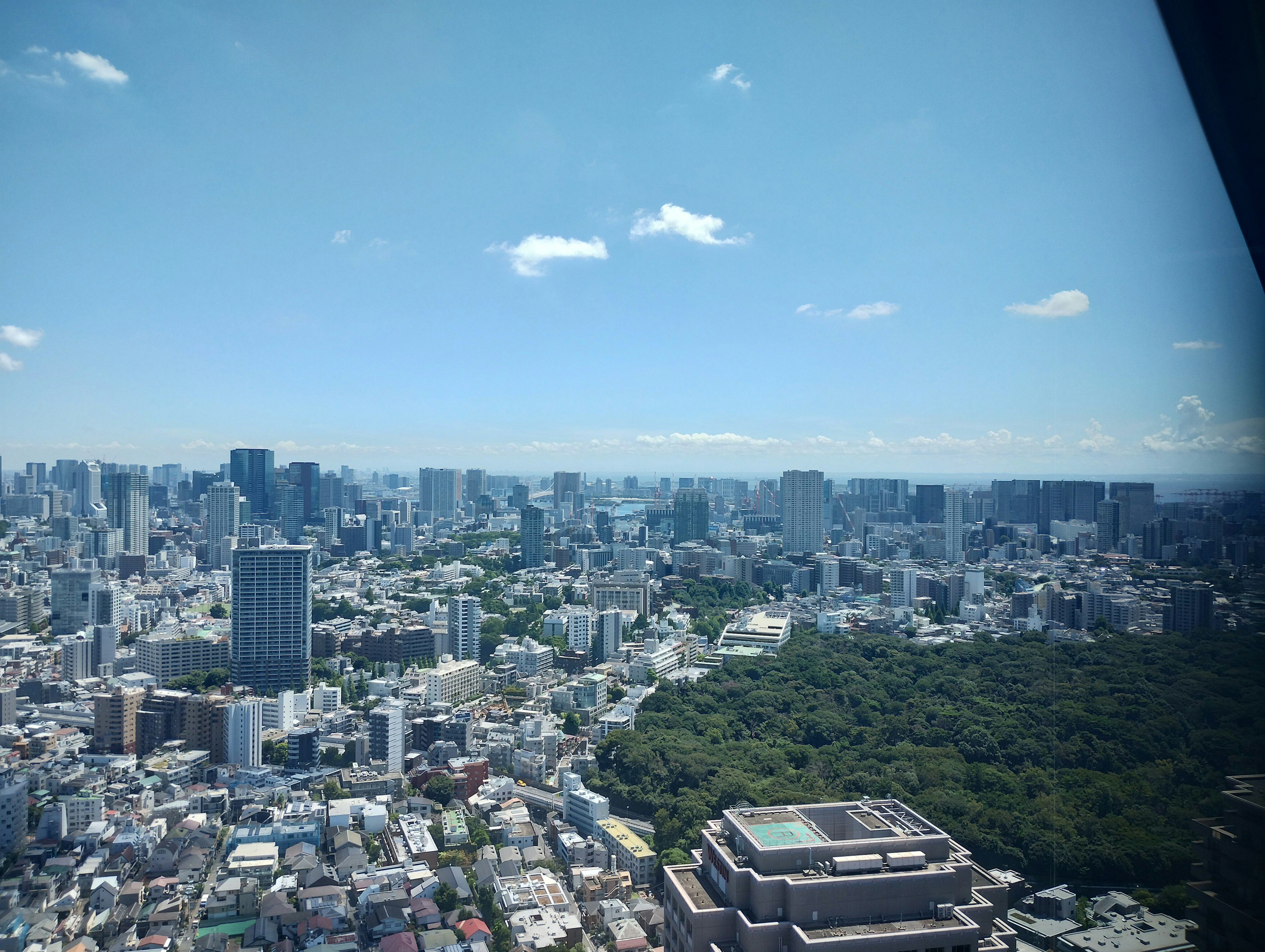 Blick auf die Skyline von Tokio mit Hochhäusern und grünem Park