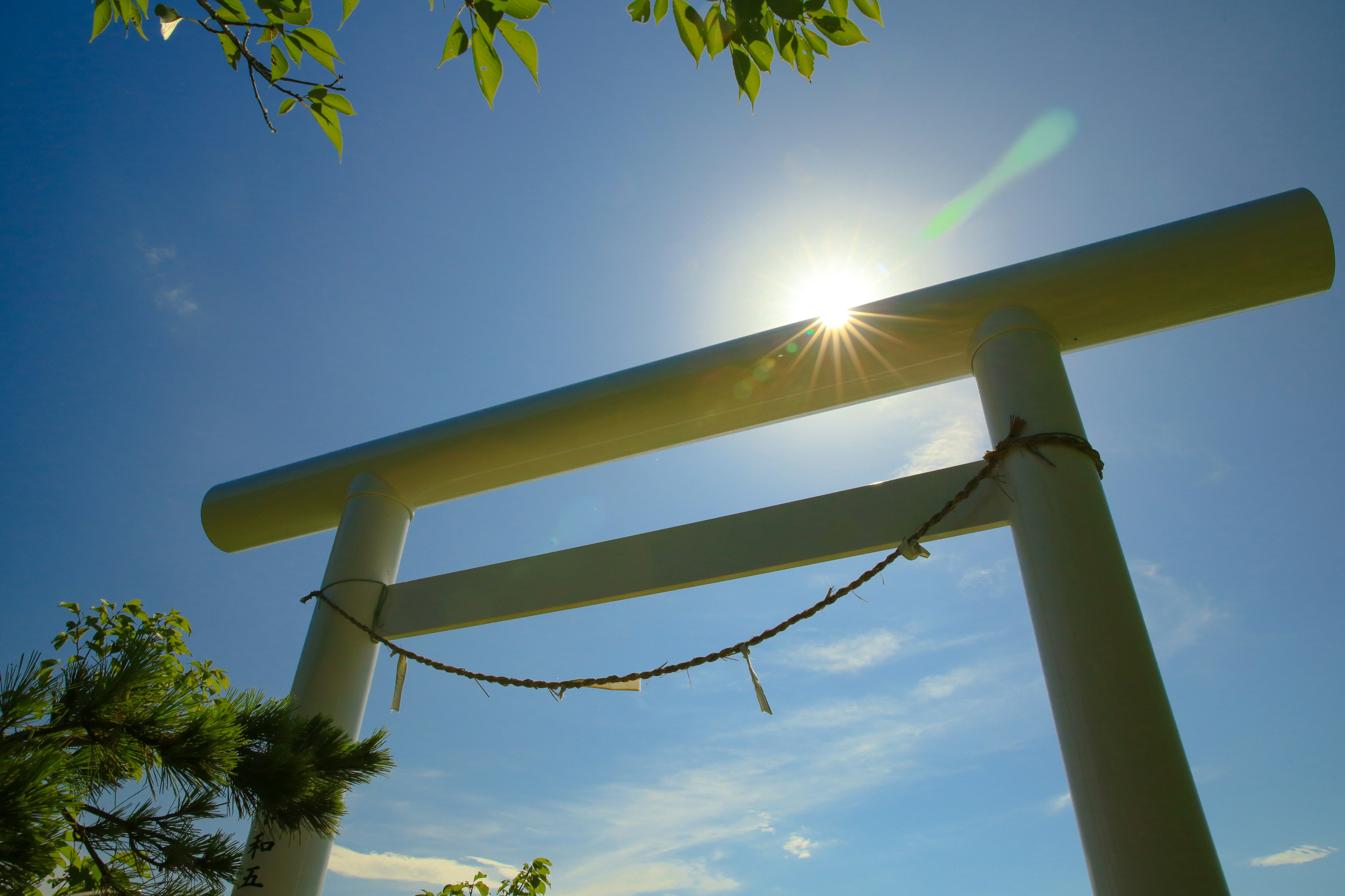 Gerbang torii putih di bawah langit biru dengan sinar matahari