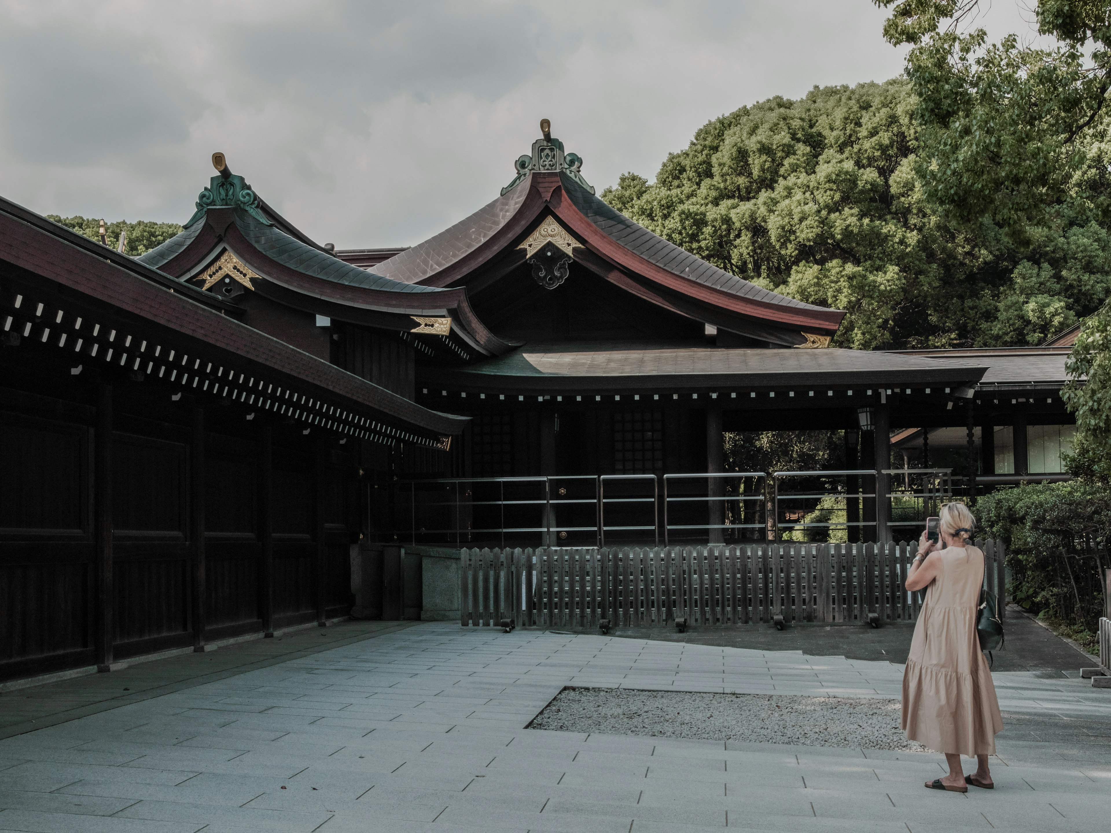 Beautiful shrine architecture with a visitor