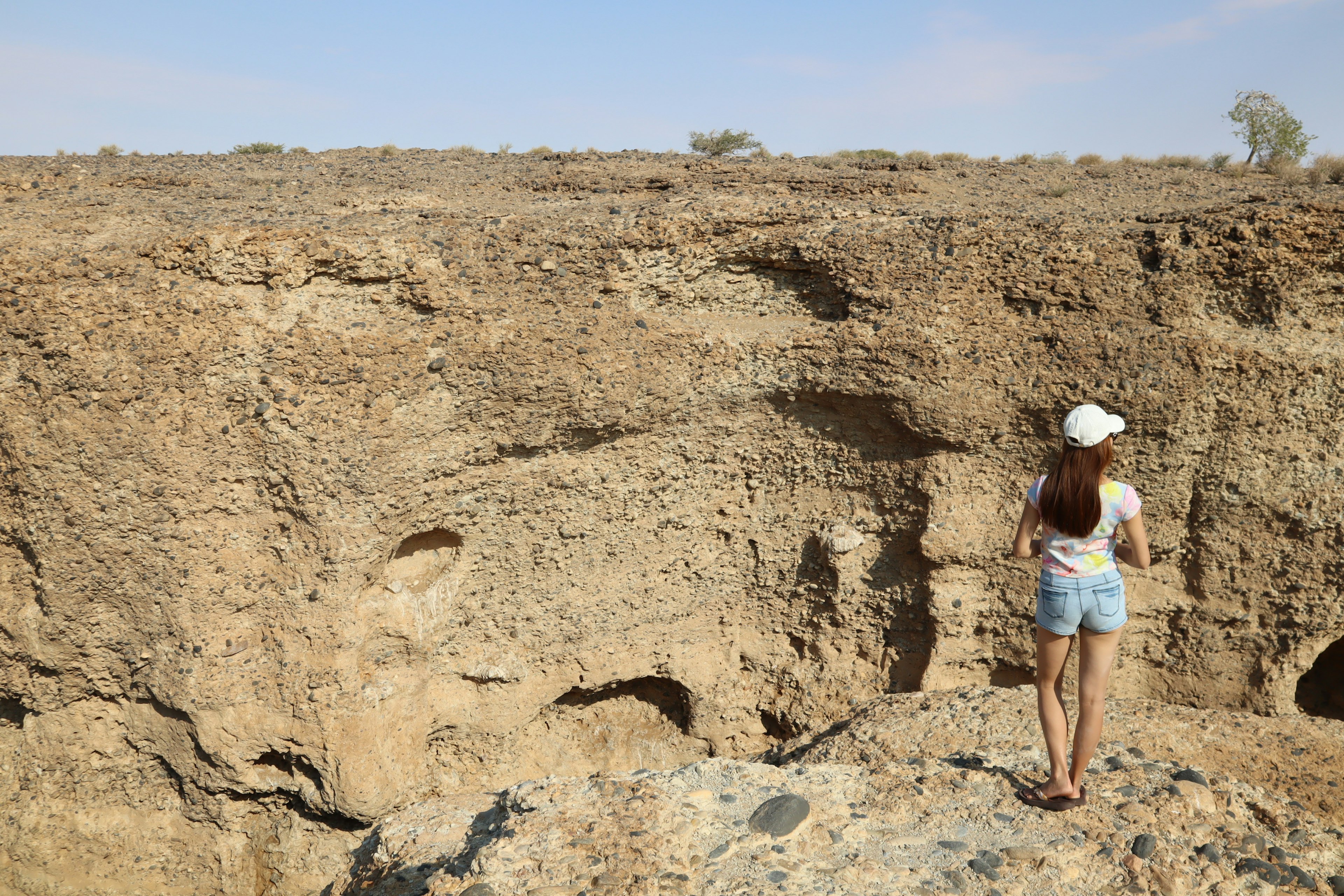 A woman standing at the edge of a cliff overlooking a dry landscape