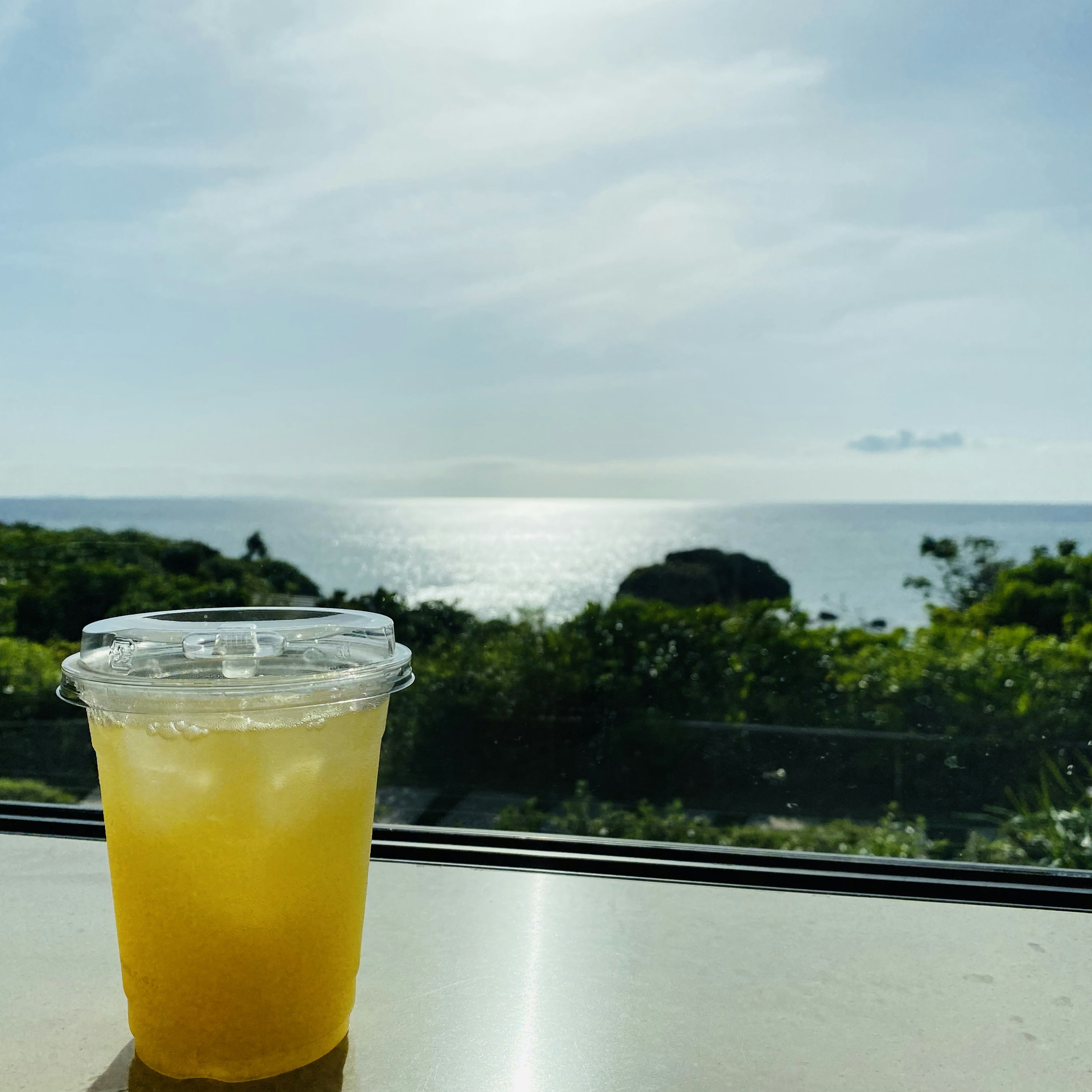 海をバックにした透明なカップの飲み物