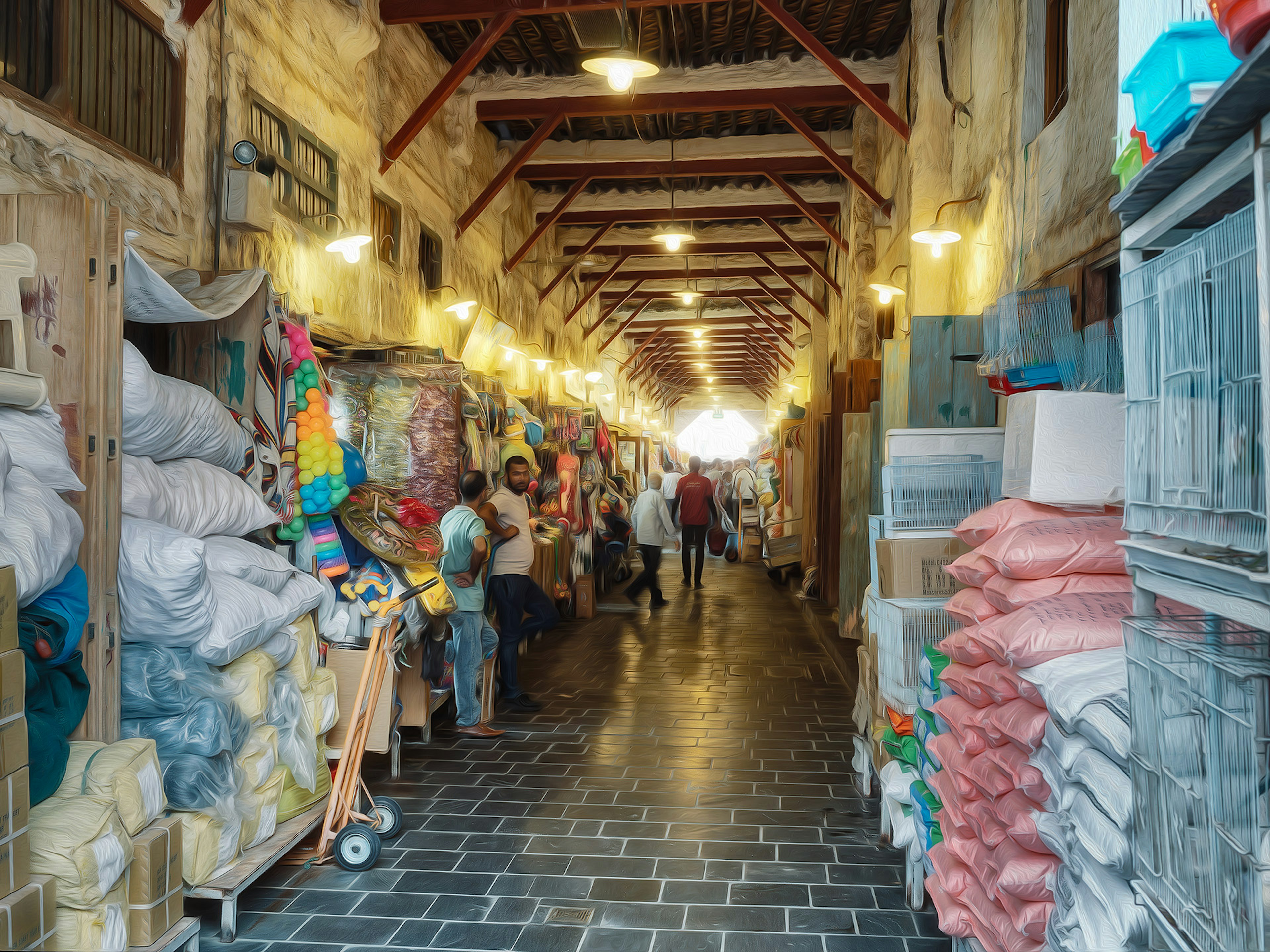 A bustling market alley lined with colorful fabrics and goods