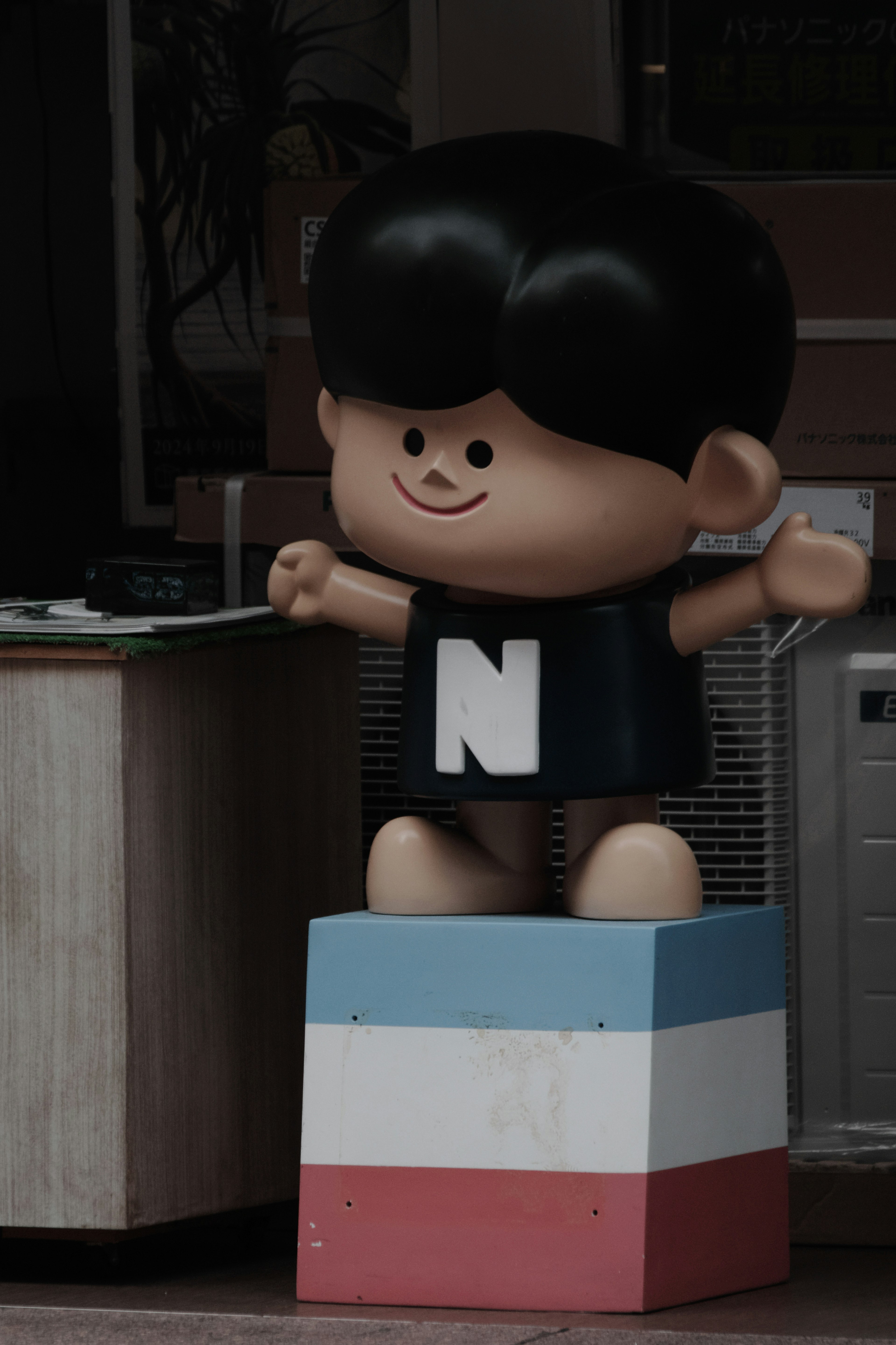 A child character with black hair wearing a shirt with the letter N