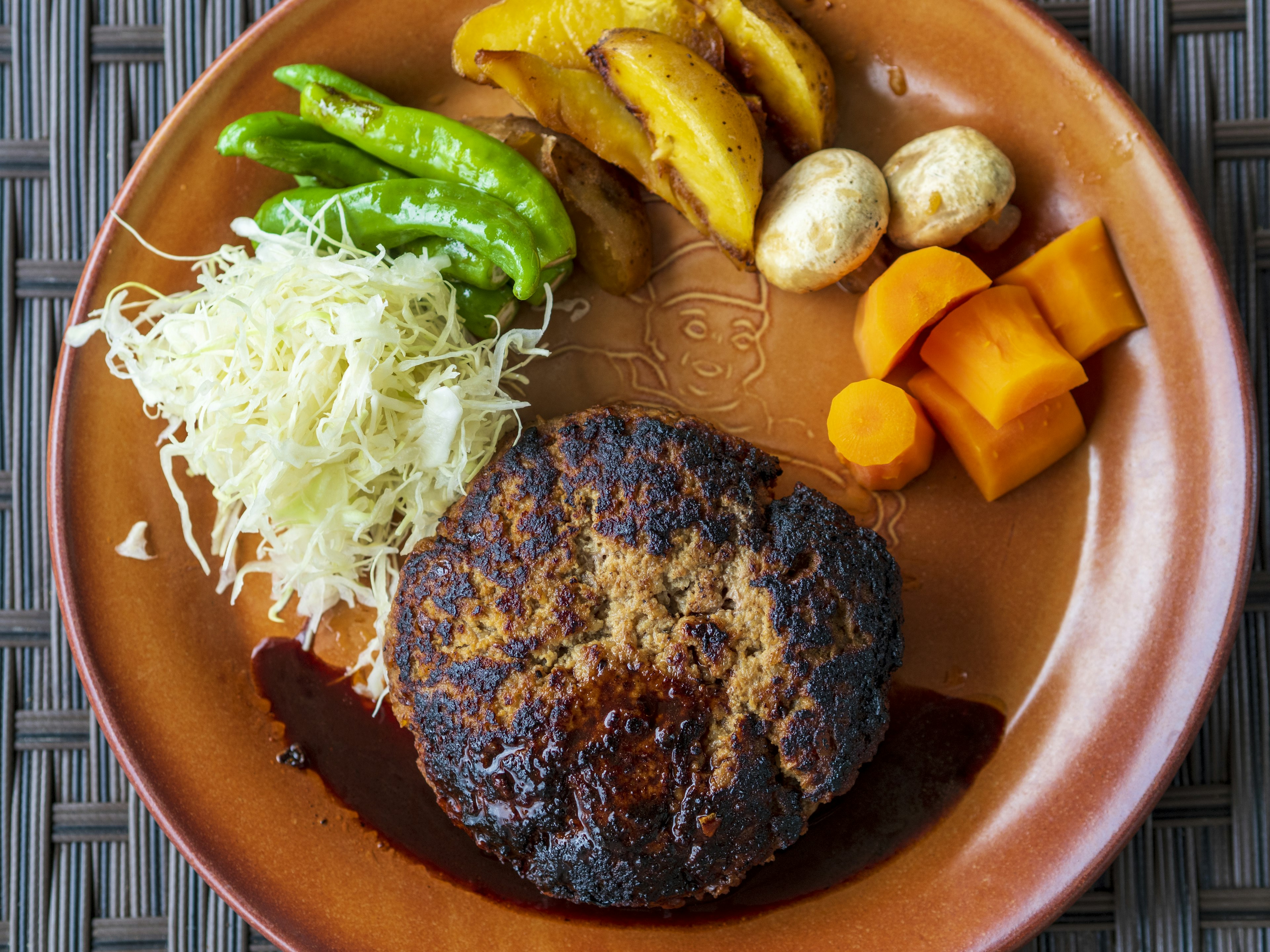 Plate with grilled meat and assorted vegetables