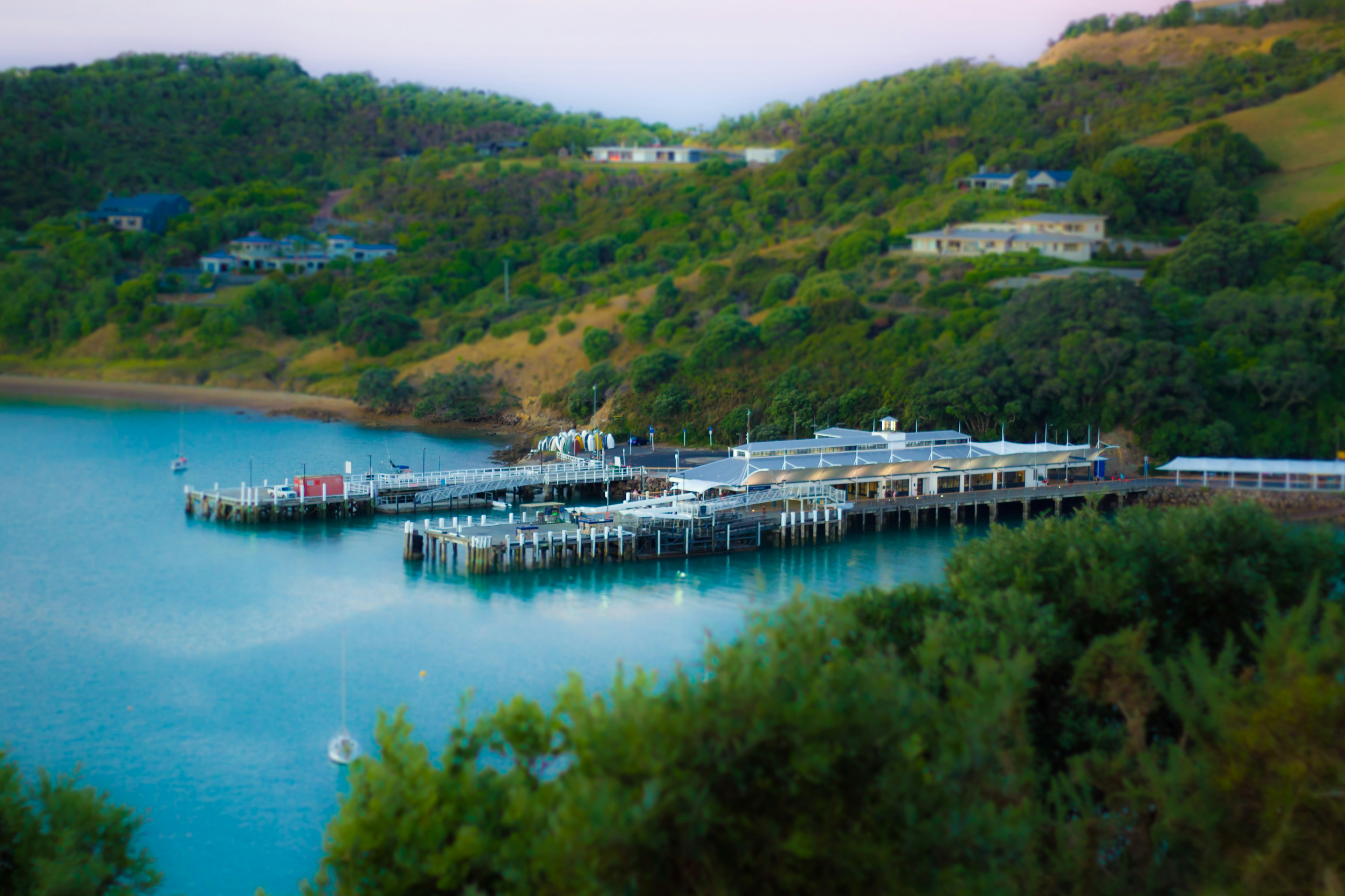 Vue pittoresque d'un port entouré d'eau bleue et de collines vertes