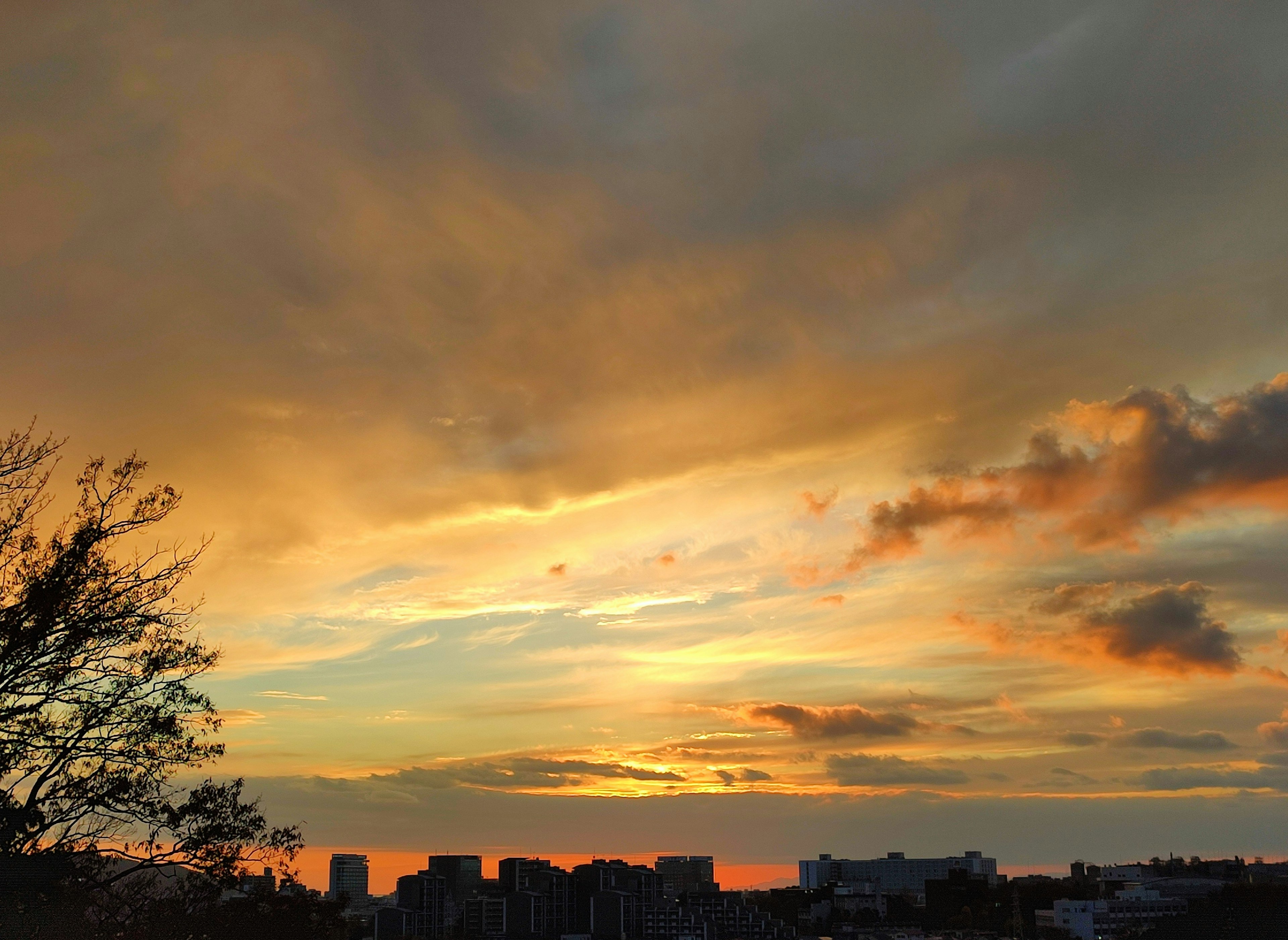 美麗的夕陽天空與輪廓建築