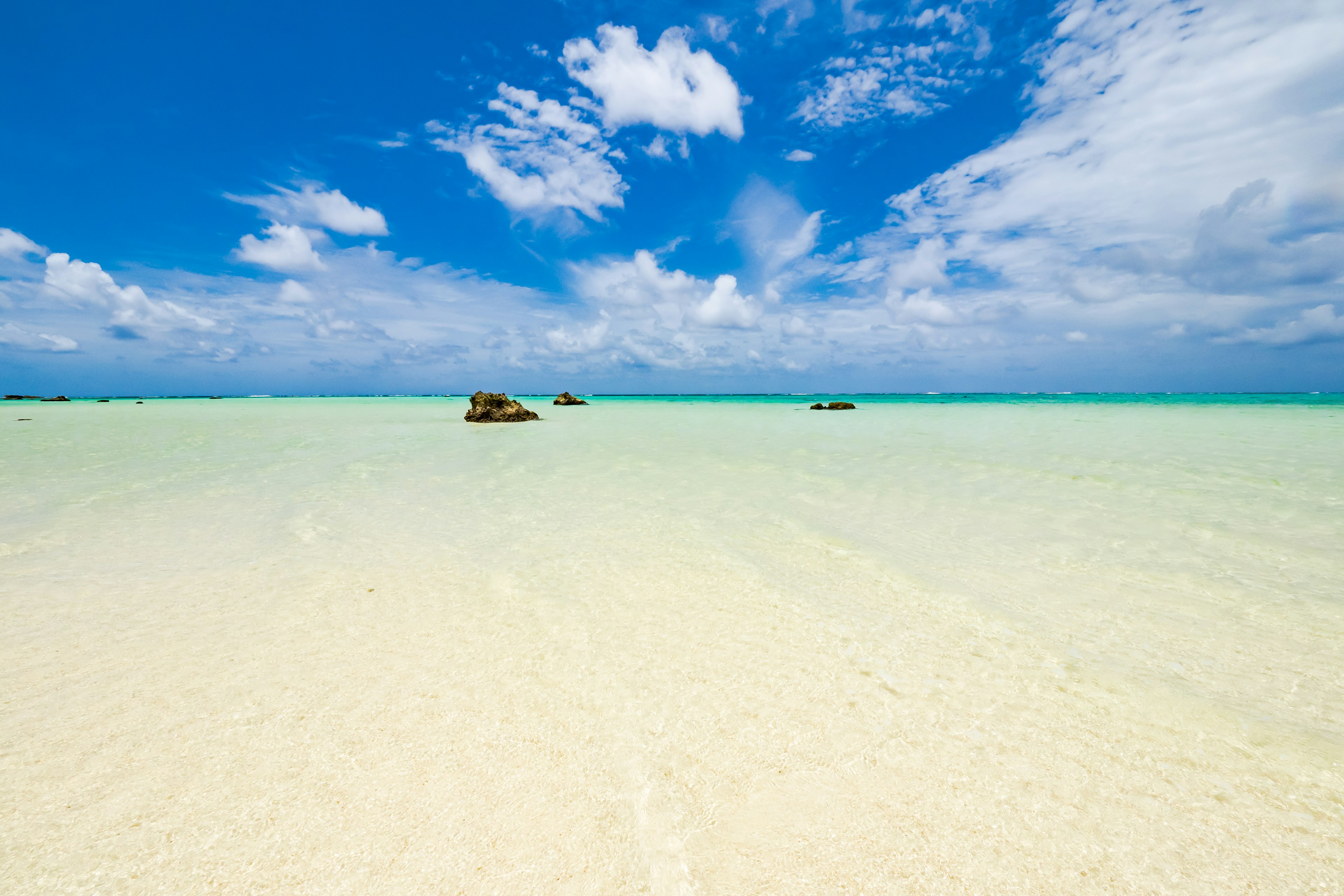 Splendida scena di spiaggia con cielo blu e oceano trasparente