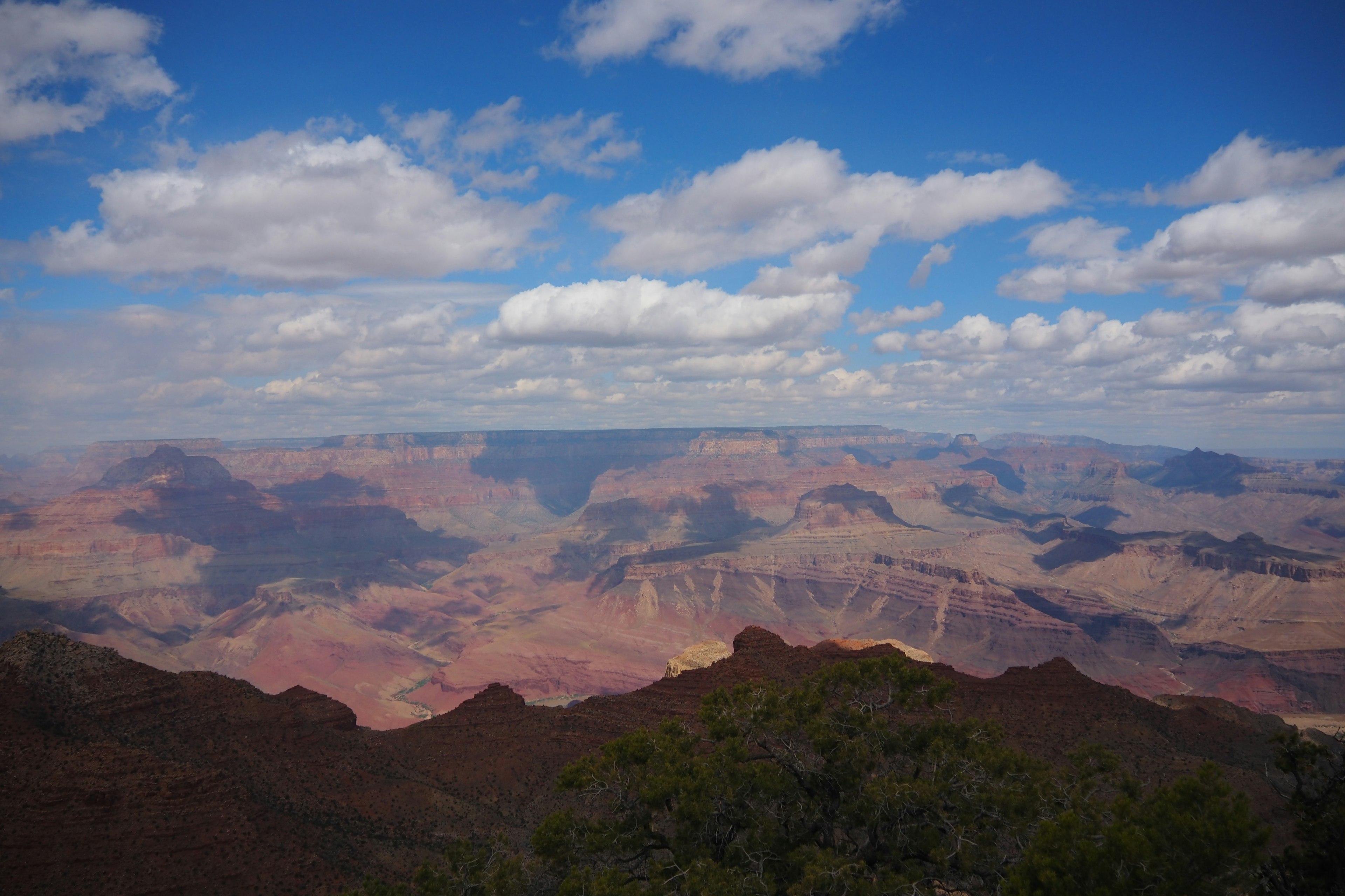 Vista mozzafiato del Grand Canyon con cielo blu e nuvole bianche, strati di roccia rossastra