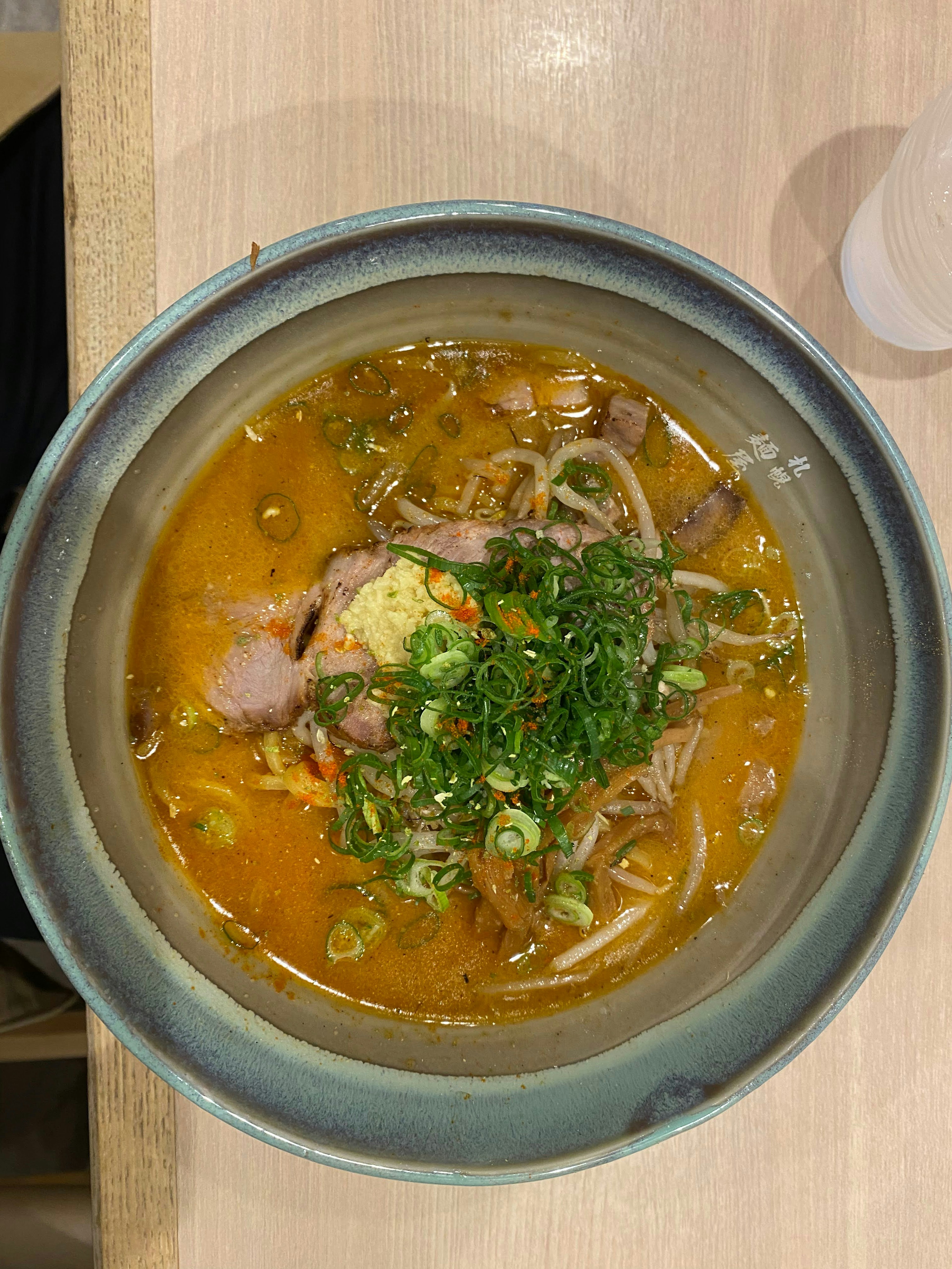 Ramen with meat and green onion toppings in a rich broth