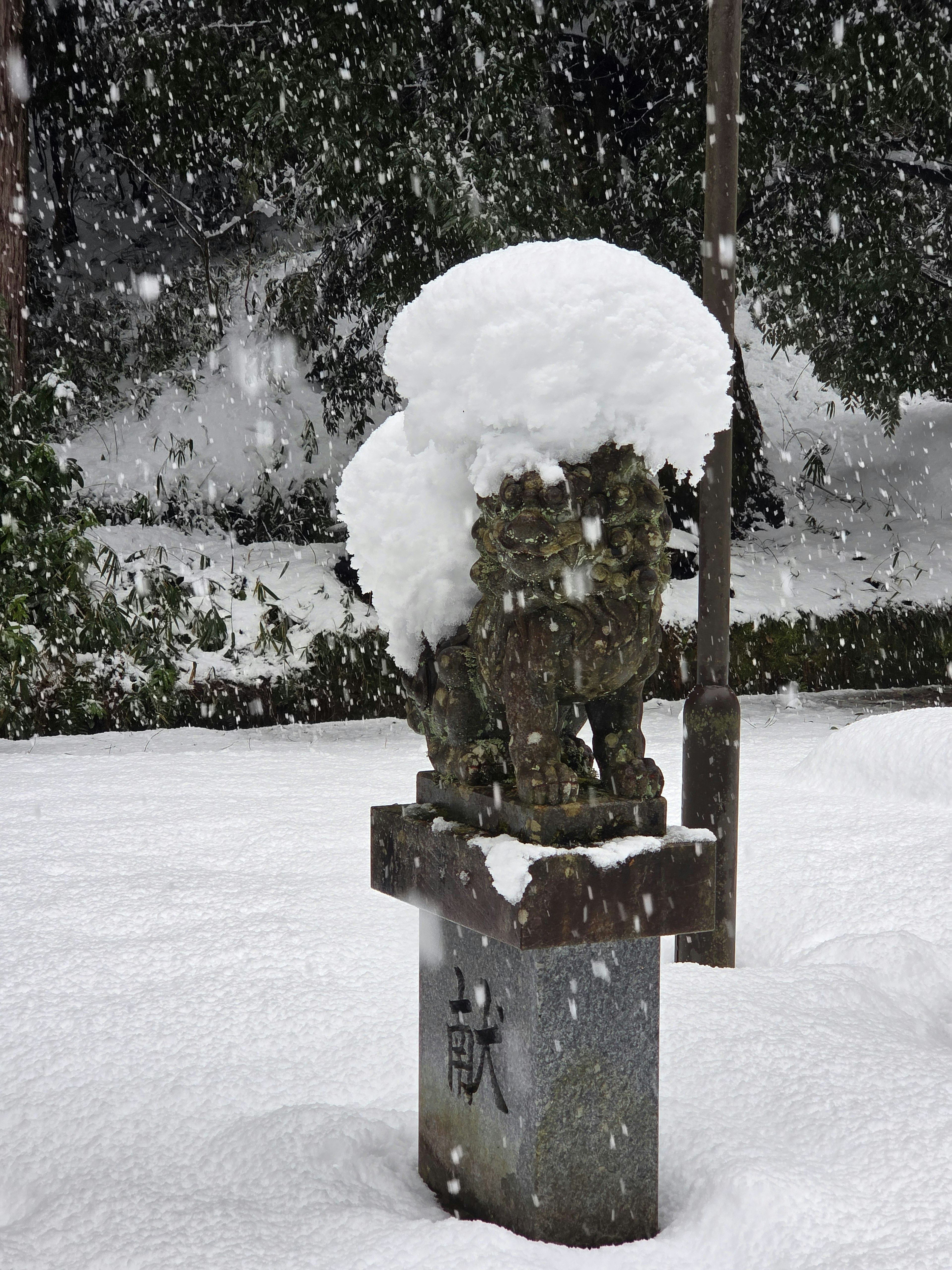 Statua di pietra coperta di neve con un grande cappello di neve e paesaggio invernale