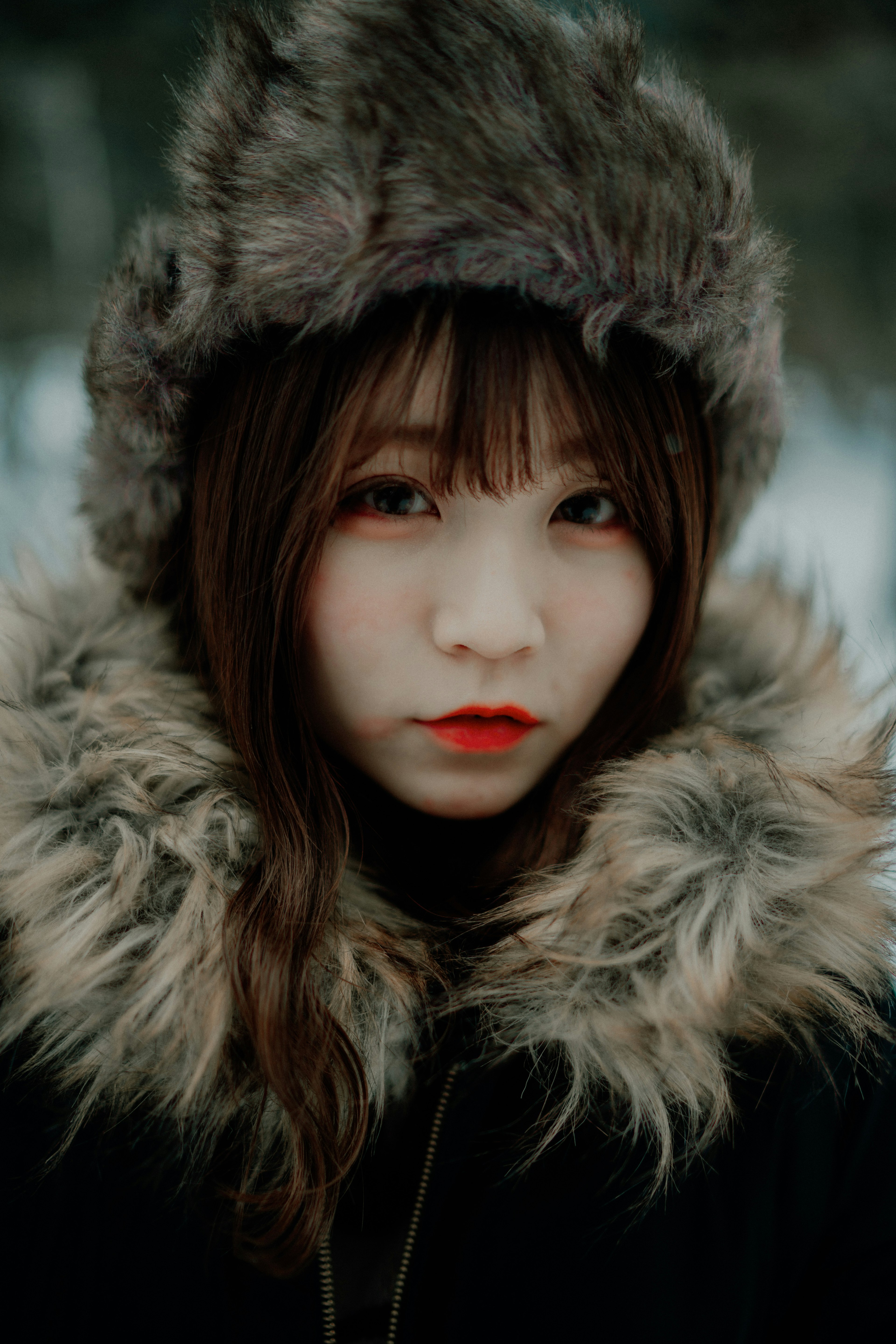 Portrait d'une femme portant un chapeau en fourrure dans un cadre froid