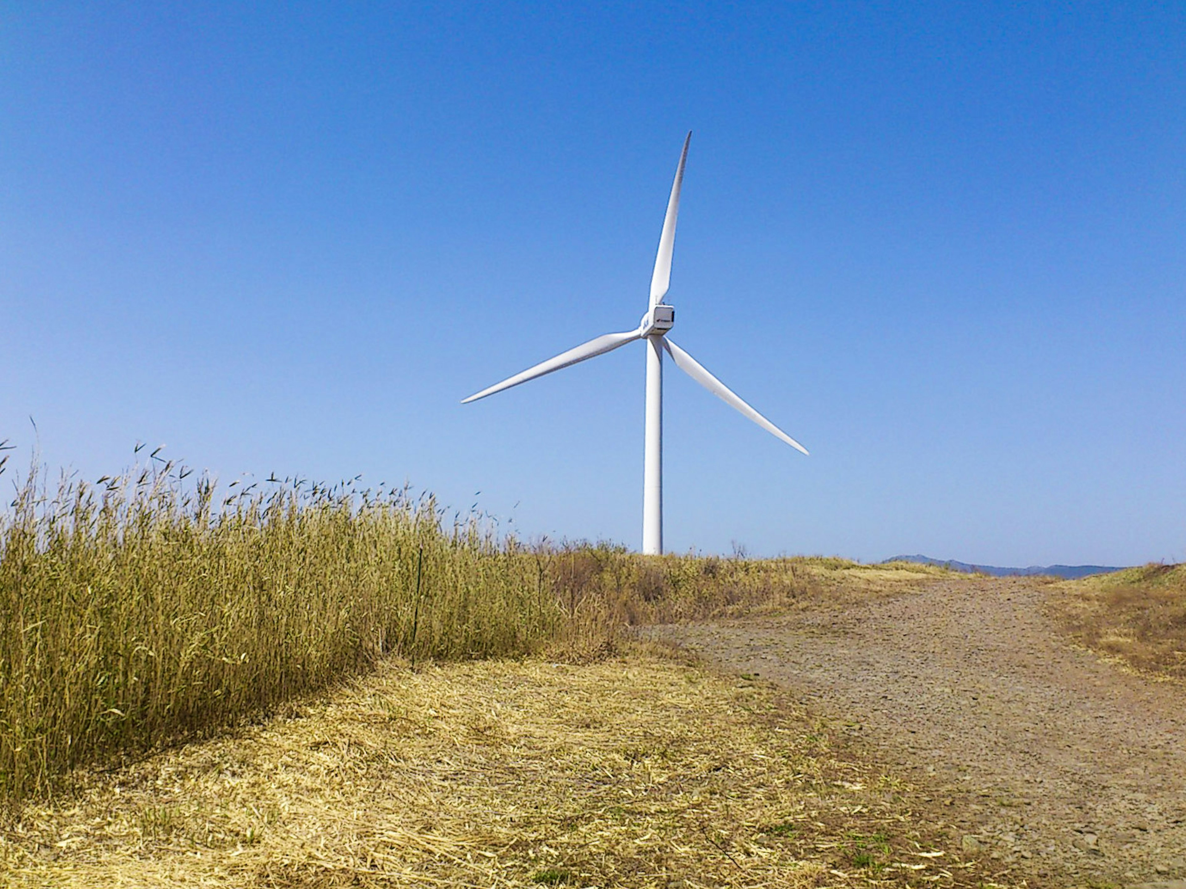 Wind turbine standing against a clear blue sky with grassy terrain