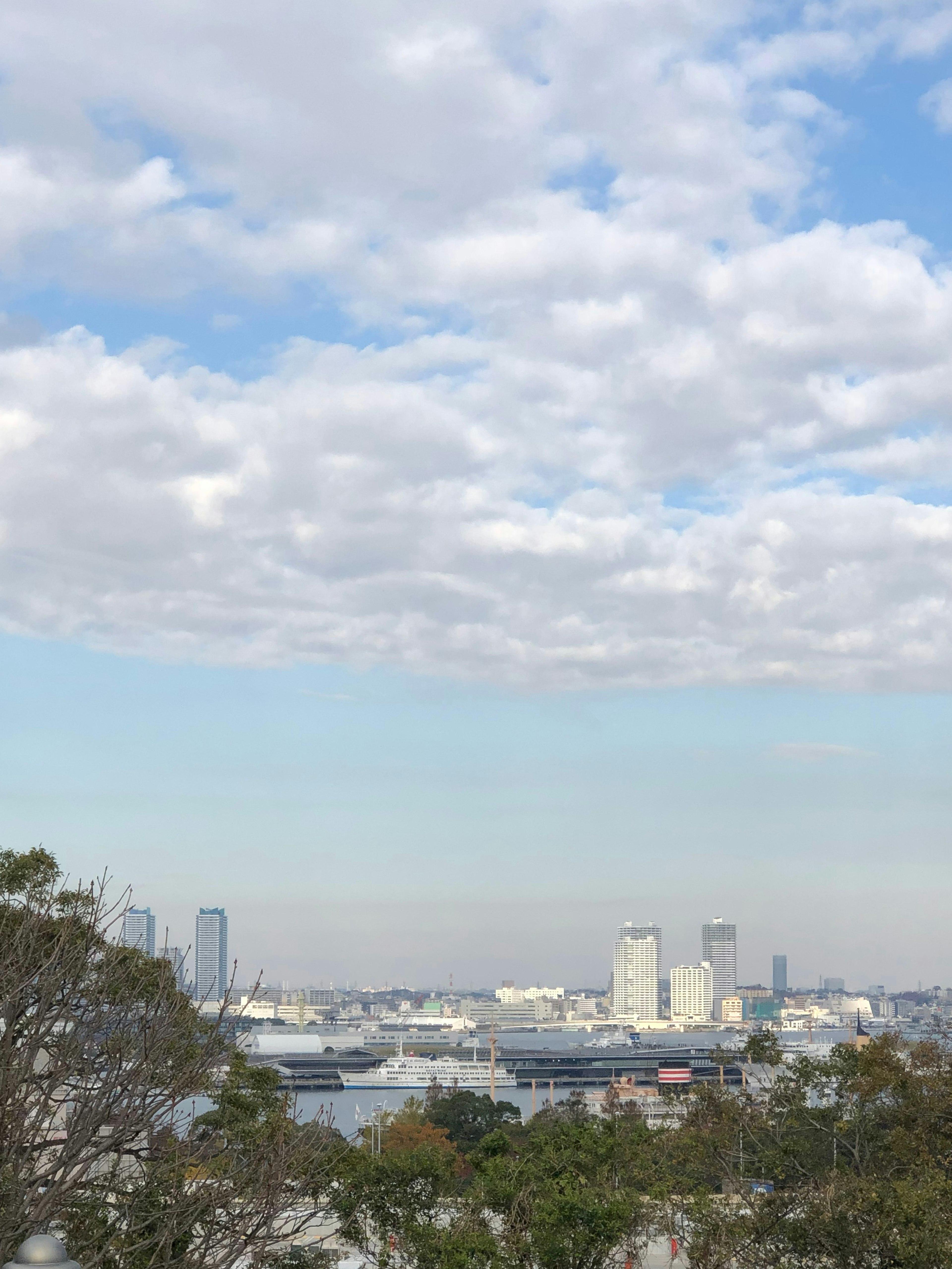 Vue urbaine sous un ciel bleu avec des nuages comportant des gratte-ciels et de la verdure