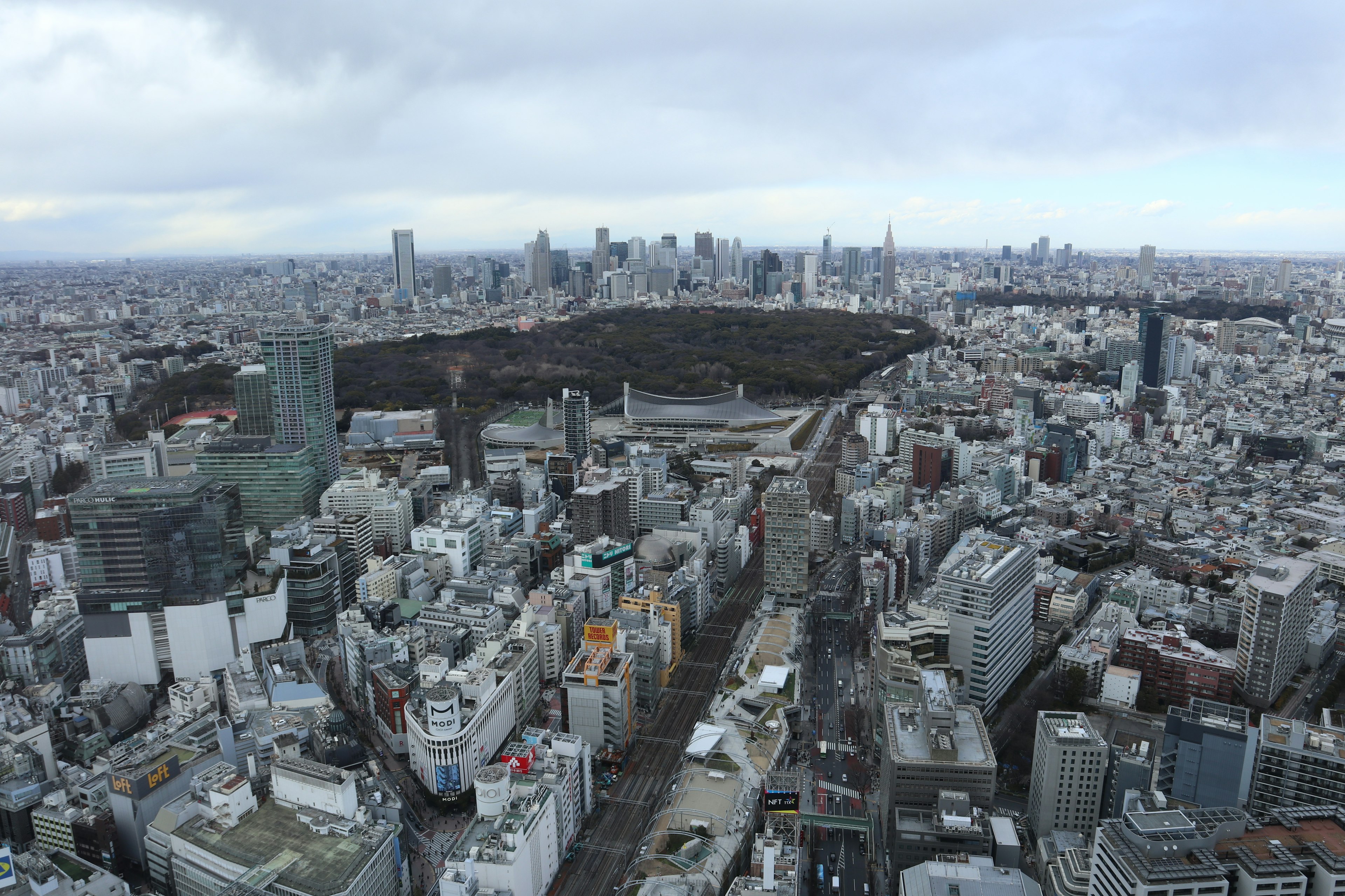 Vue aérienne du vaste paysage urbain de Tokyo avec des espaces verts