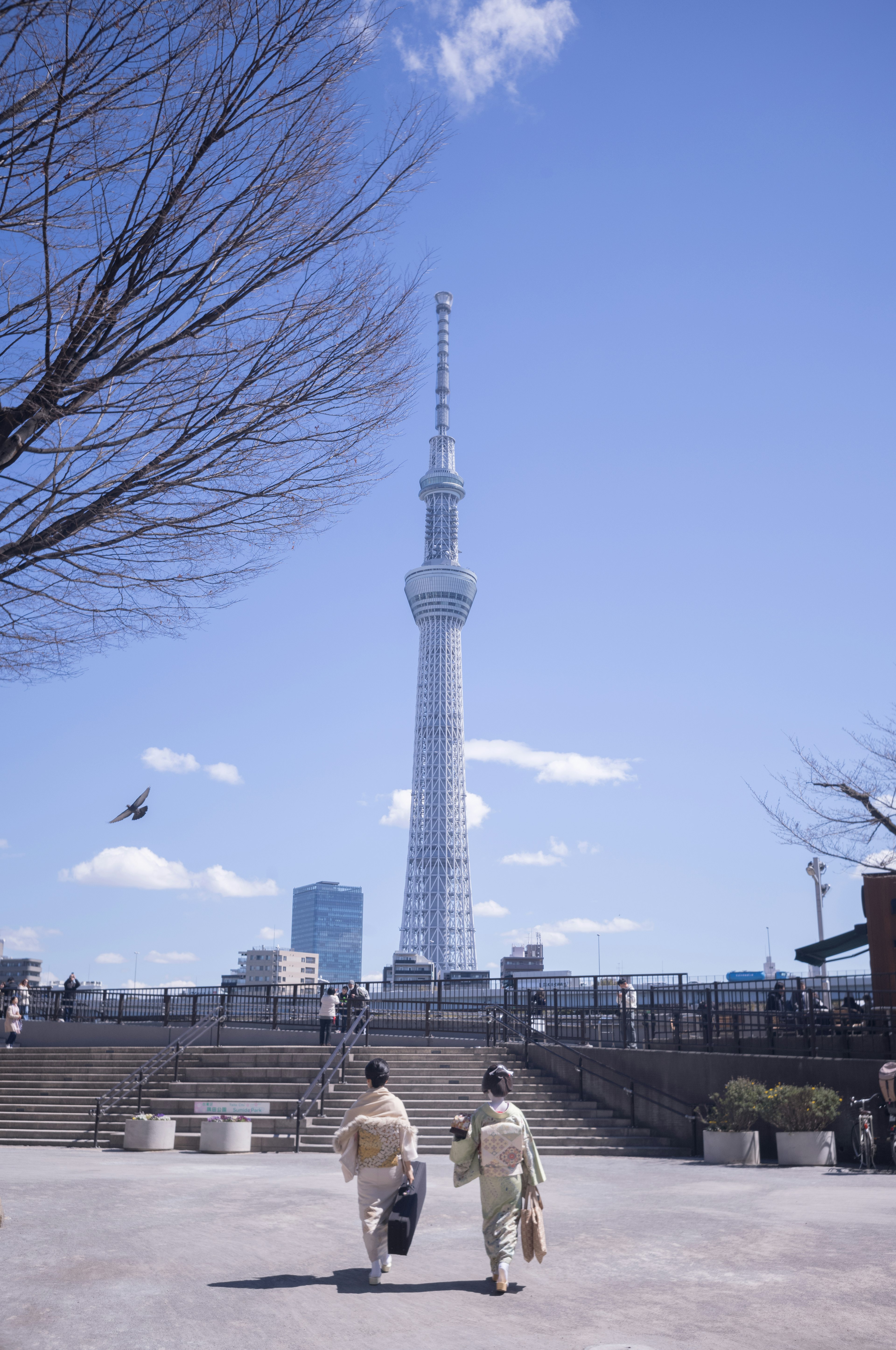 東京スカイツリーの前を歩く二人の着物姿の人々と青空