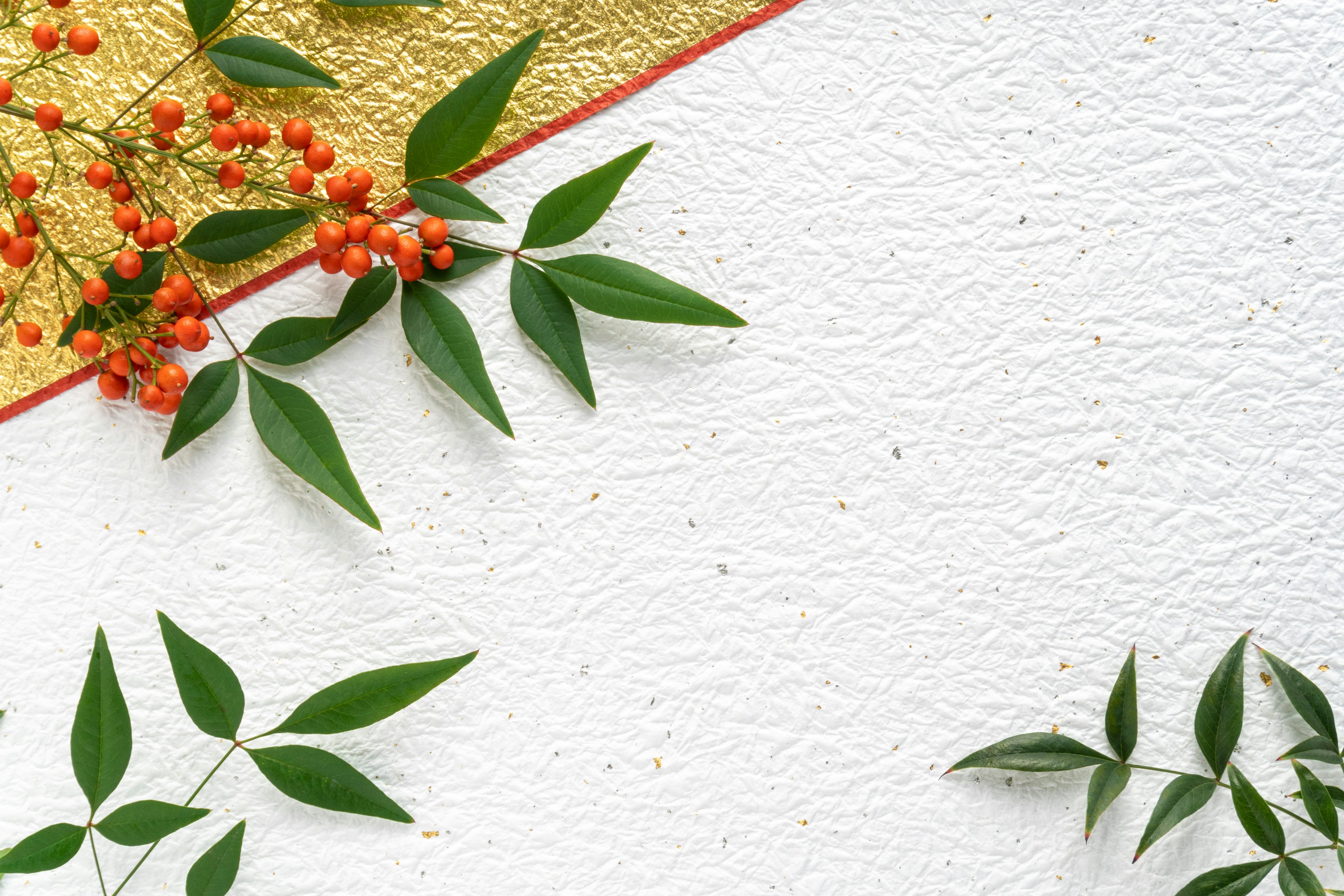 Design featuring green leaves and orange berries on a white wall