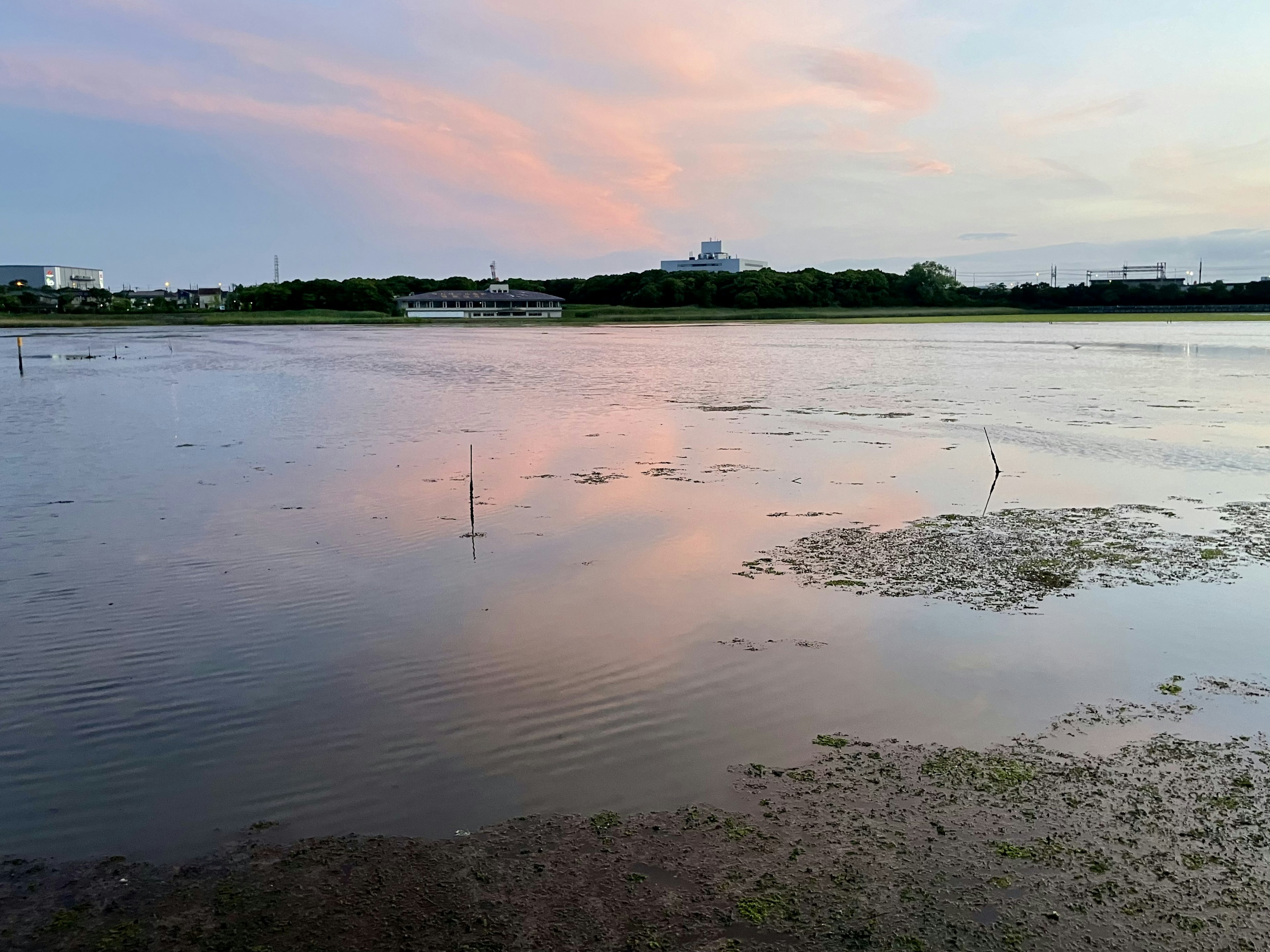 湖の水面に映る夕焼けの色合いと静かな風景