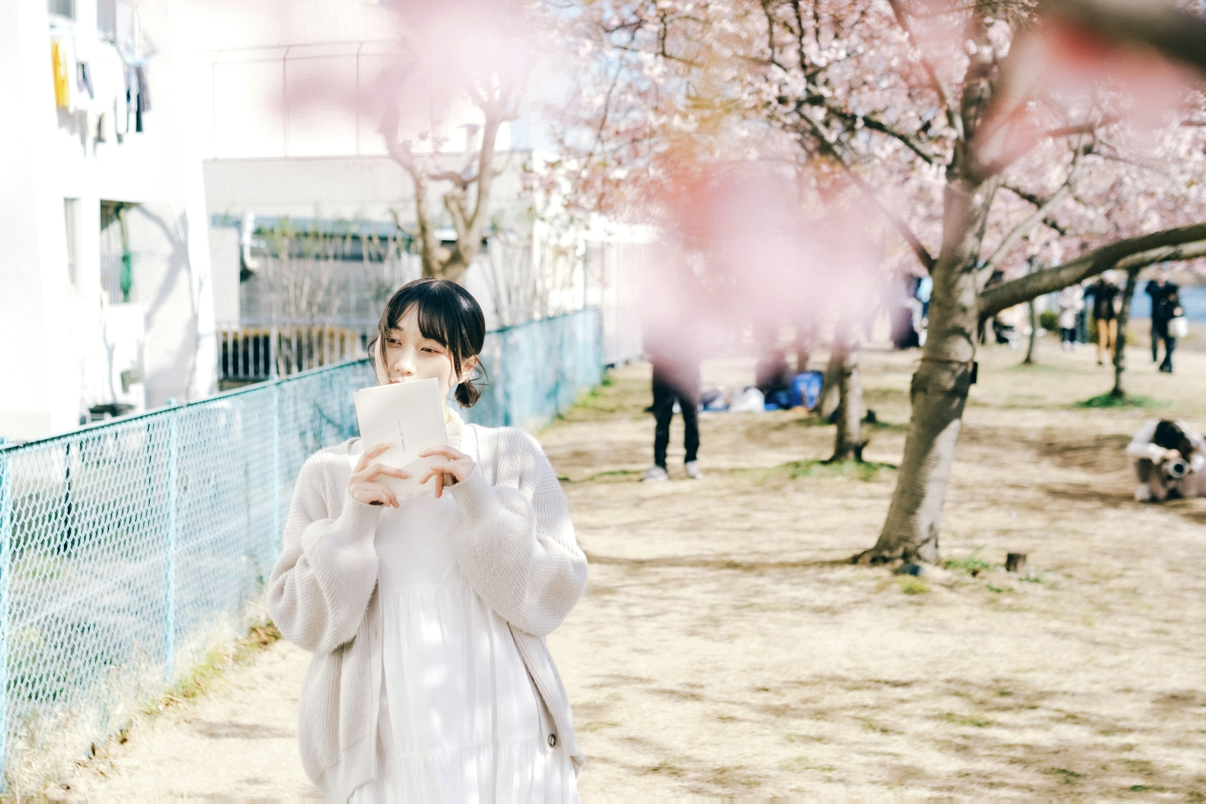 A woman holding a letter under cherry blossom trees