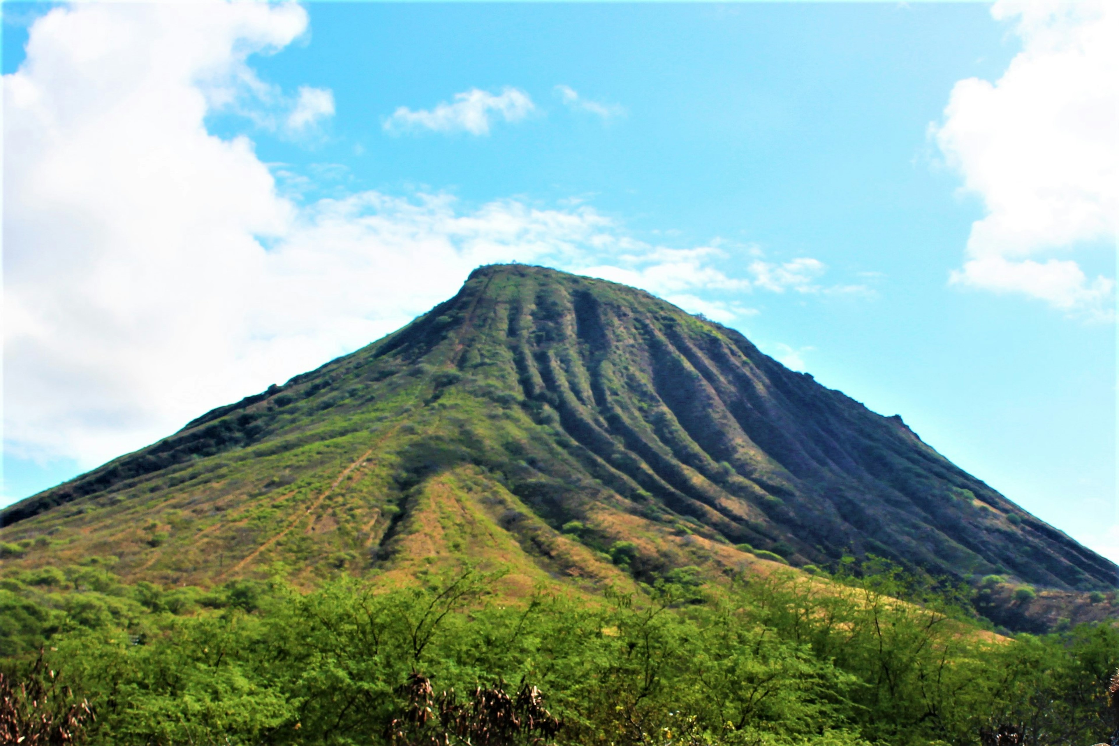 Un vulcano verdeggiante si erge sotto un cielo blu