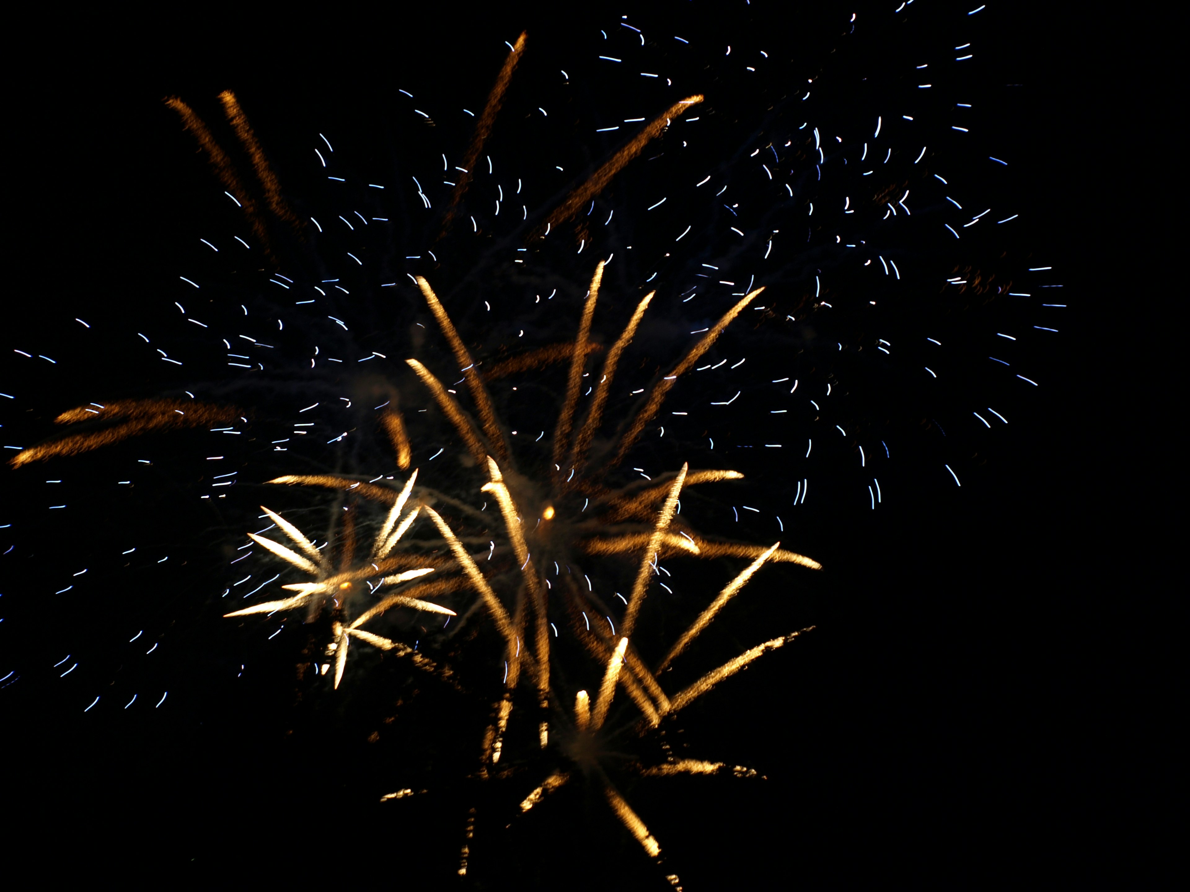 Colorful fireworks bursting in the night sky with trails of light