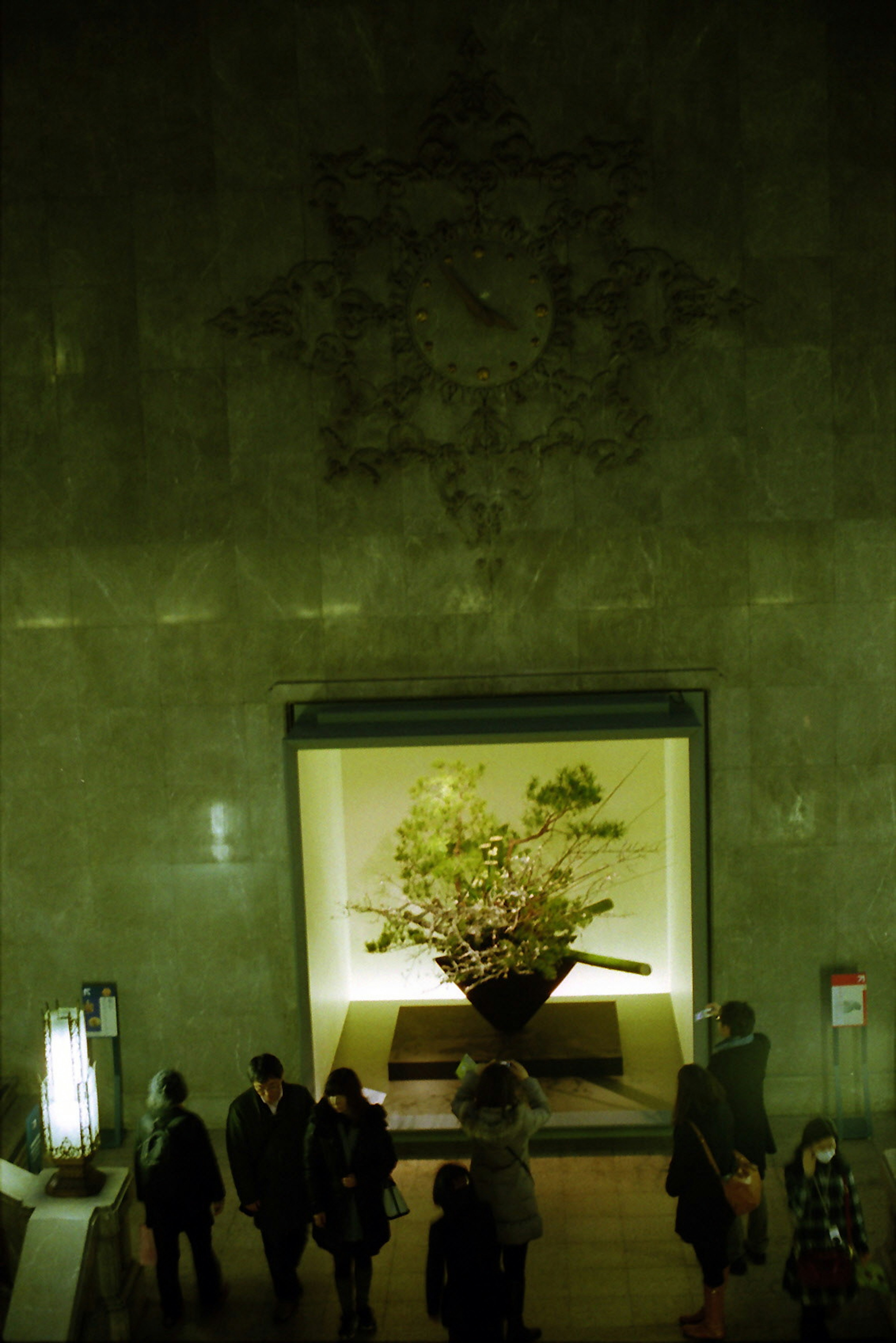 Personas se reúnen en un vestíbulo con iluminación verde que presenta un gran arreglo floral