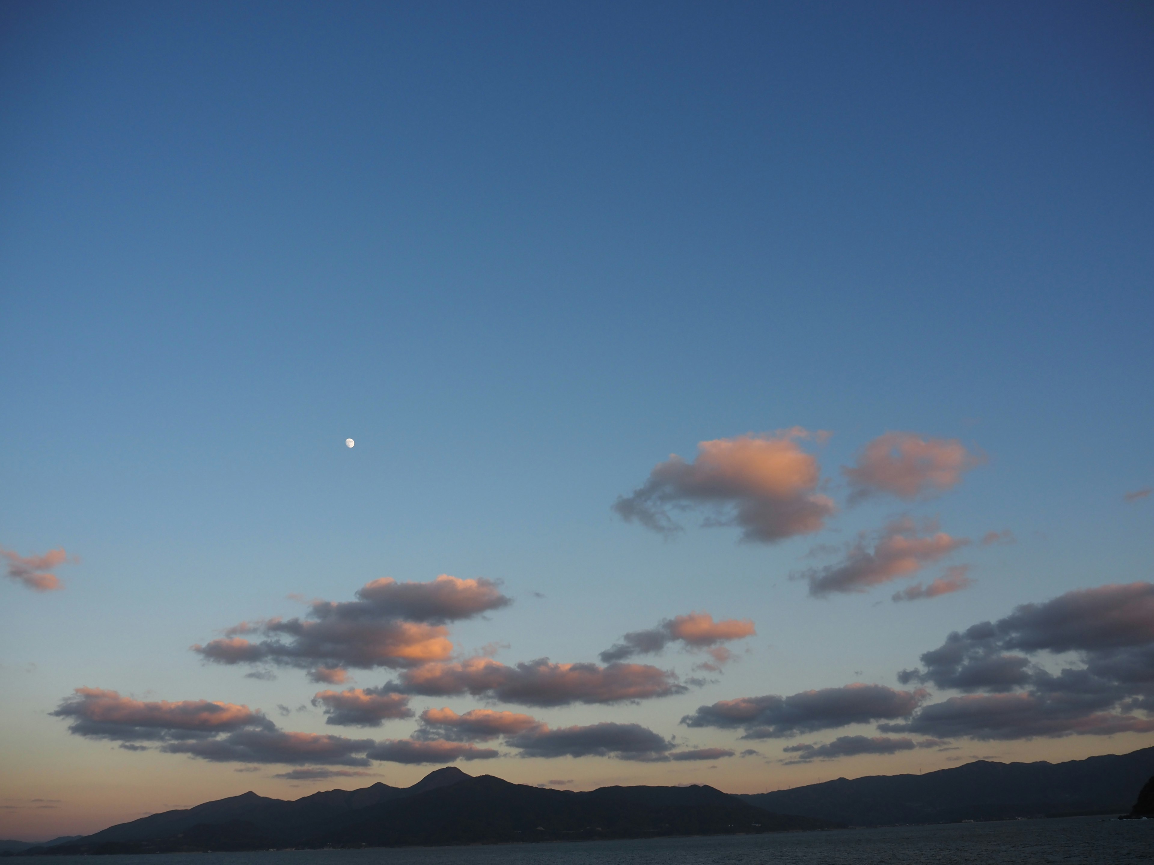 A landscape featuring pink clouds and the moon in a blue sky