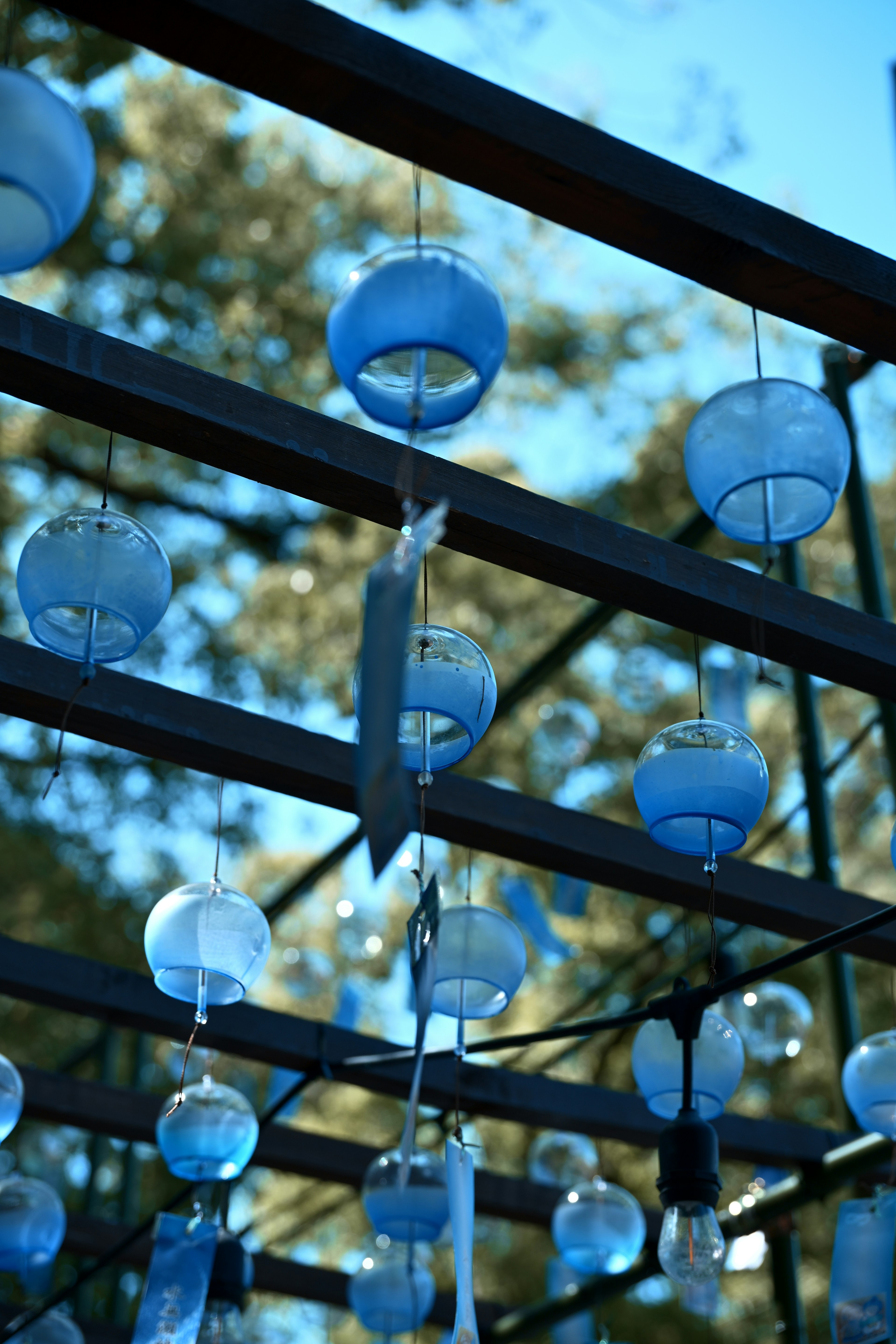 Outdoor scene with hanging blue wind chimes